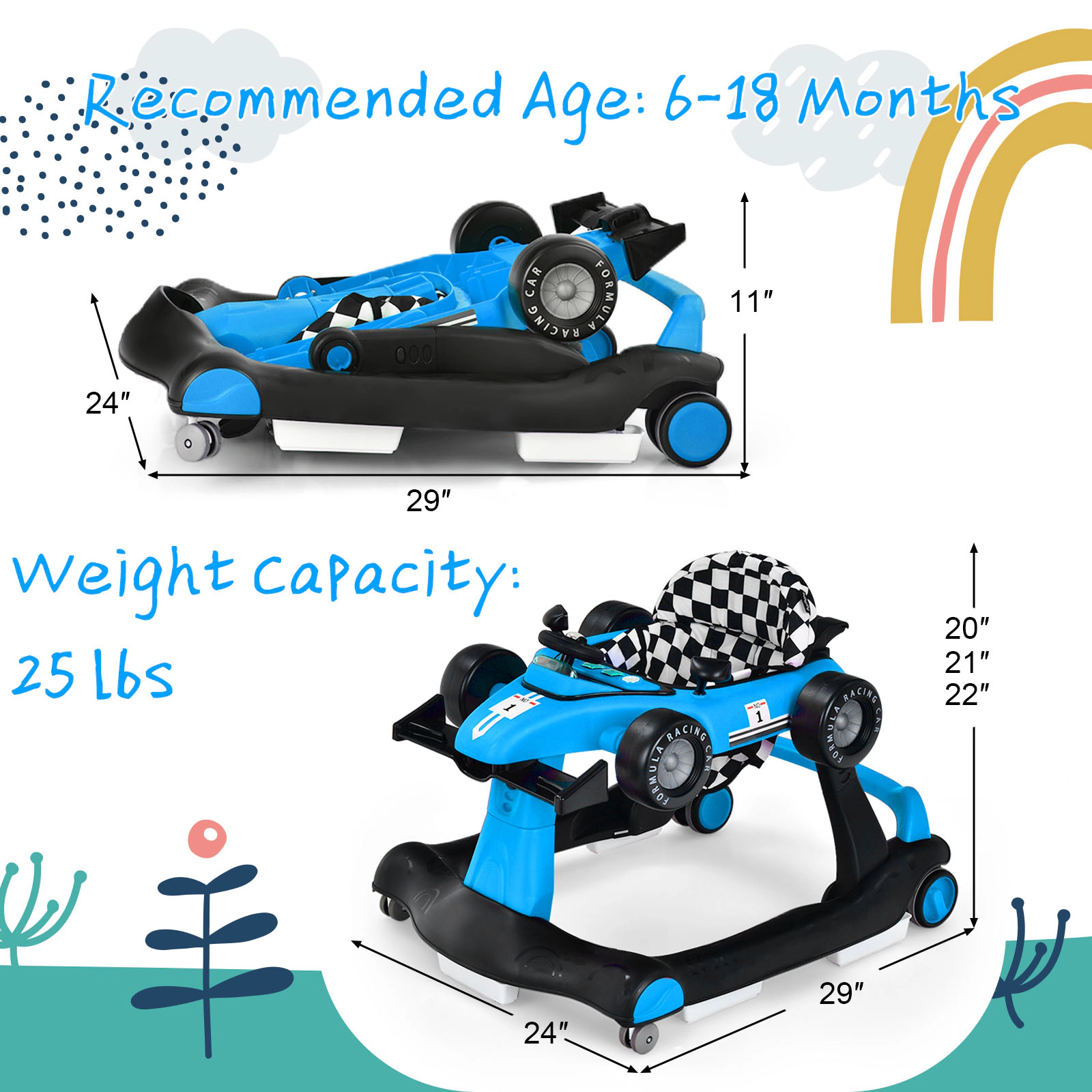 5-in-1 Baby Walker with Wheels with 2 Speed Settings 5 Padded Stair Guards 3 Seat Heights and Toy Car Floor Mode Blue
