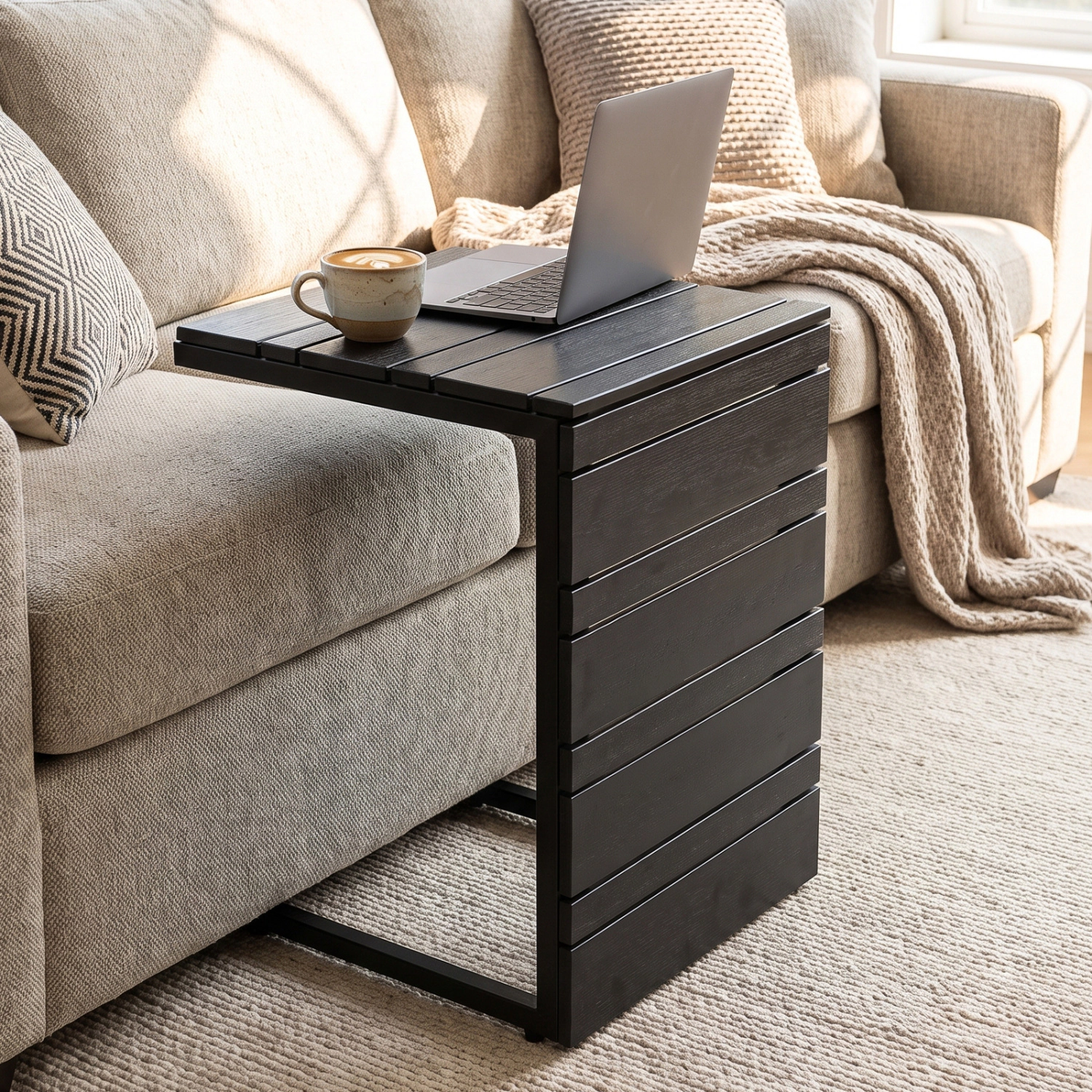 LJG Space-Saving C-Shaped Side Table with Wood-Plastic Top for Indoor Outdoor