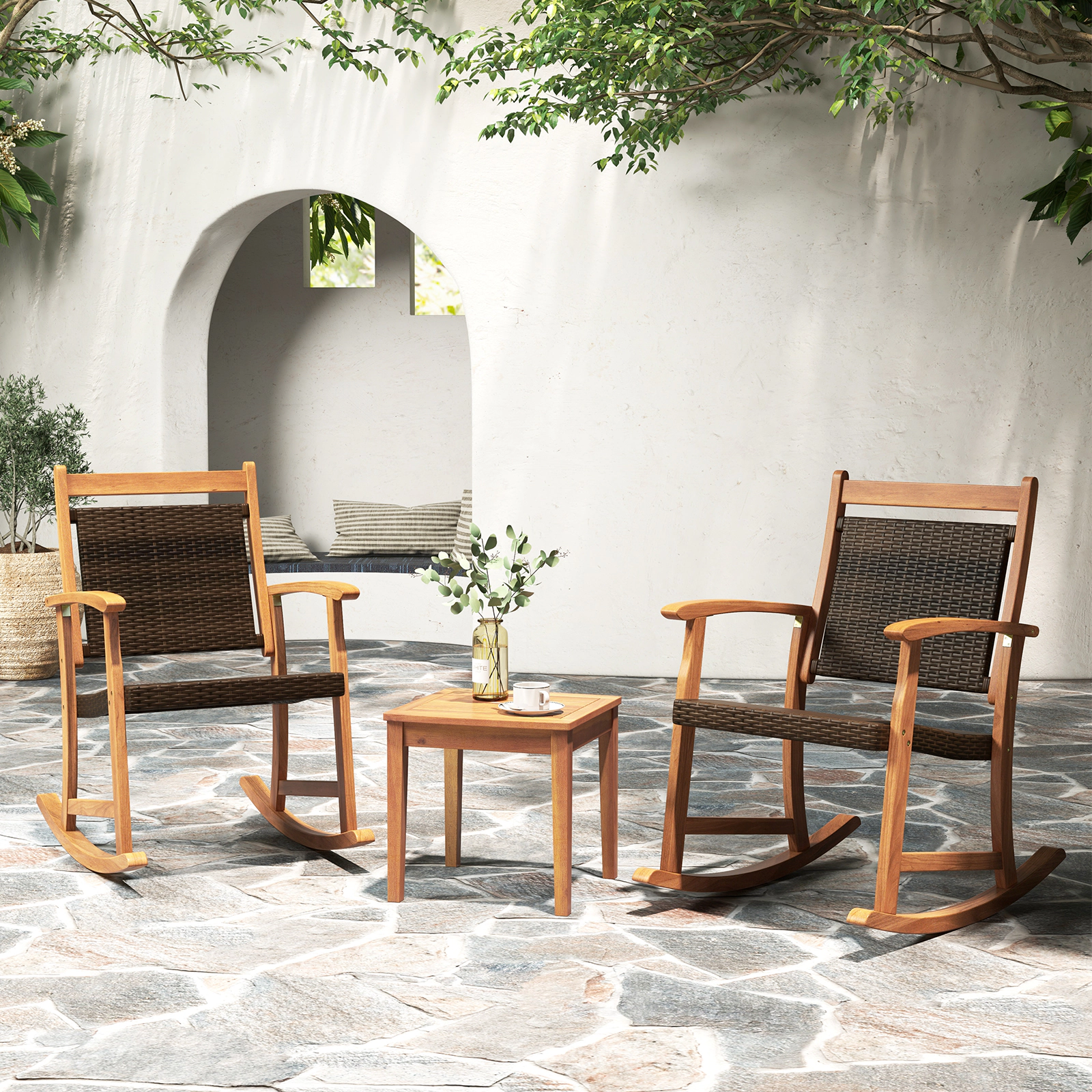 SUGIFT 3-Piece Acacia Wood Patio Rocking Chair Set, Reddish Brown