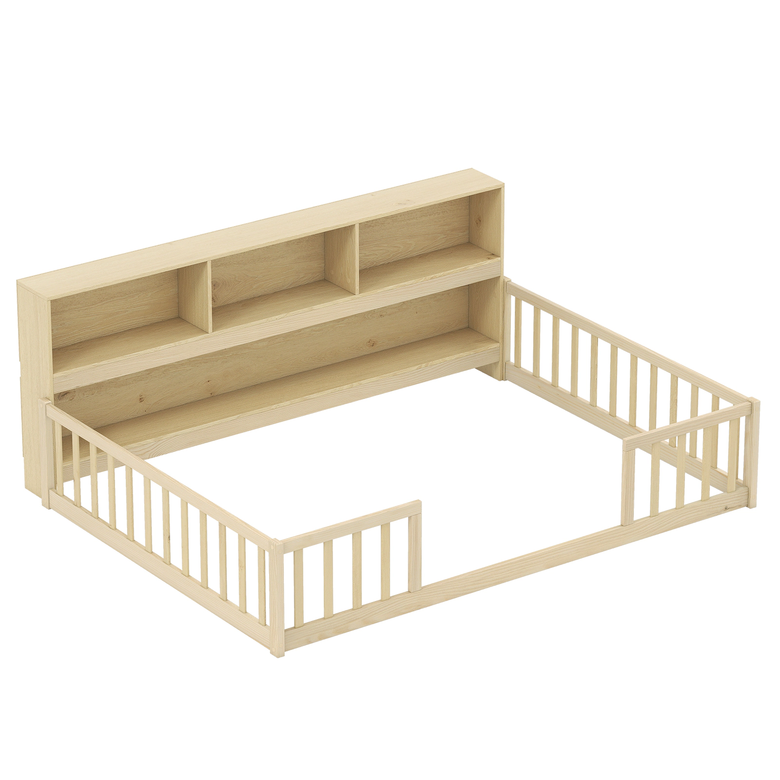 SUGIFT Integrated Bookcase and Full-Length Guardrails Pine Wood Full Kids Montessori Floor Bed