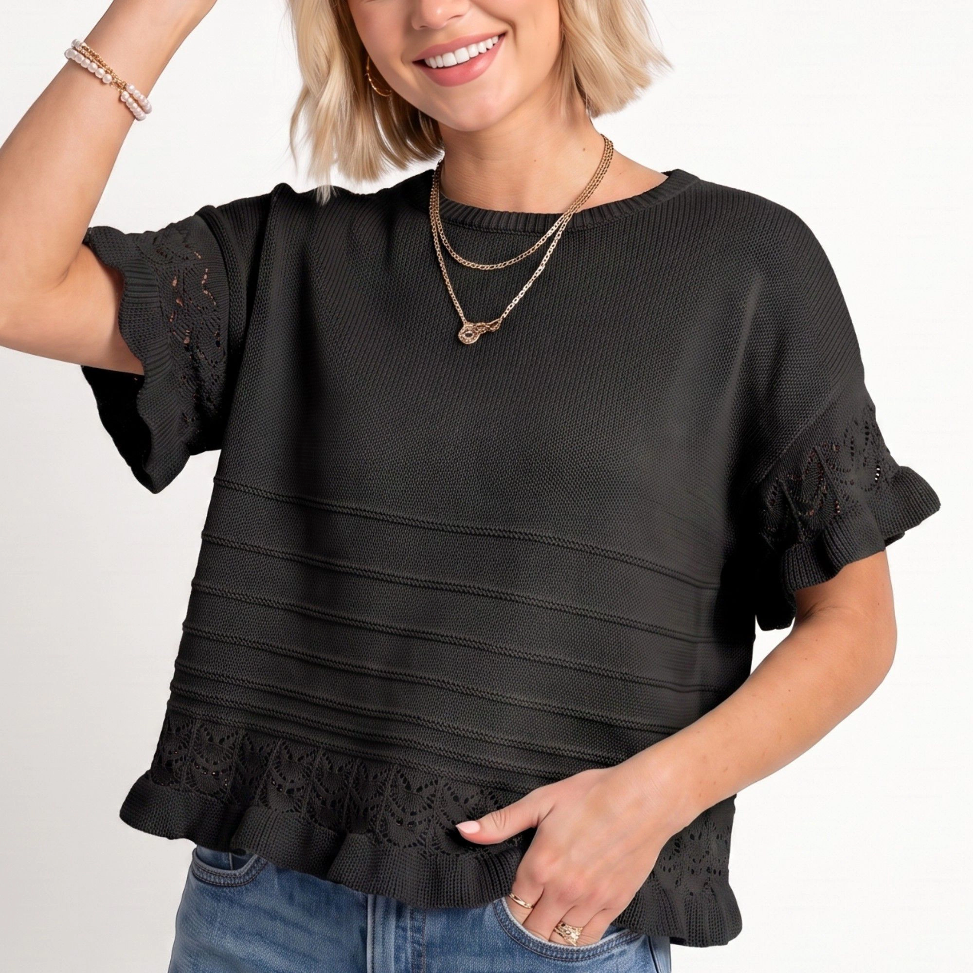 Anna-Kaci Women's Textured Knit Lace Ruffle Hem Short Sleeve Sweater Blouse