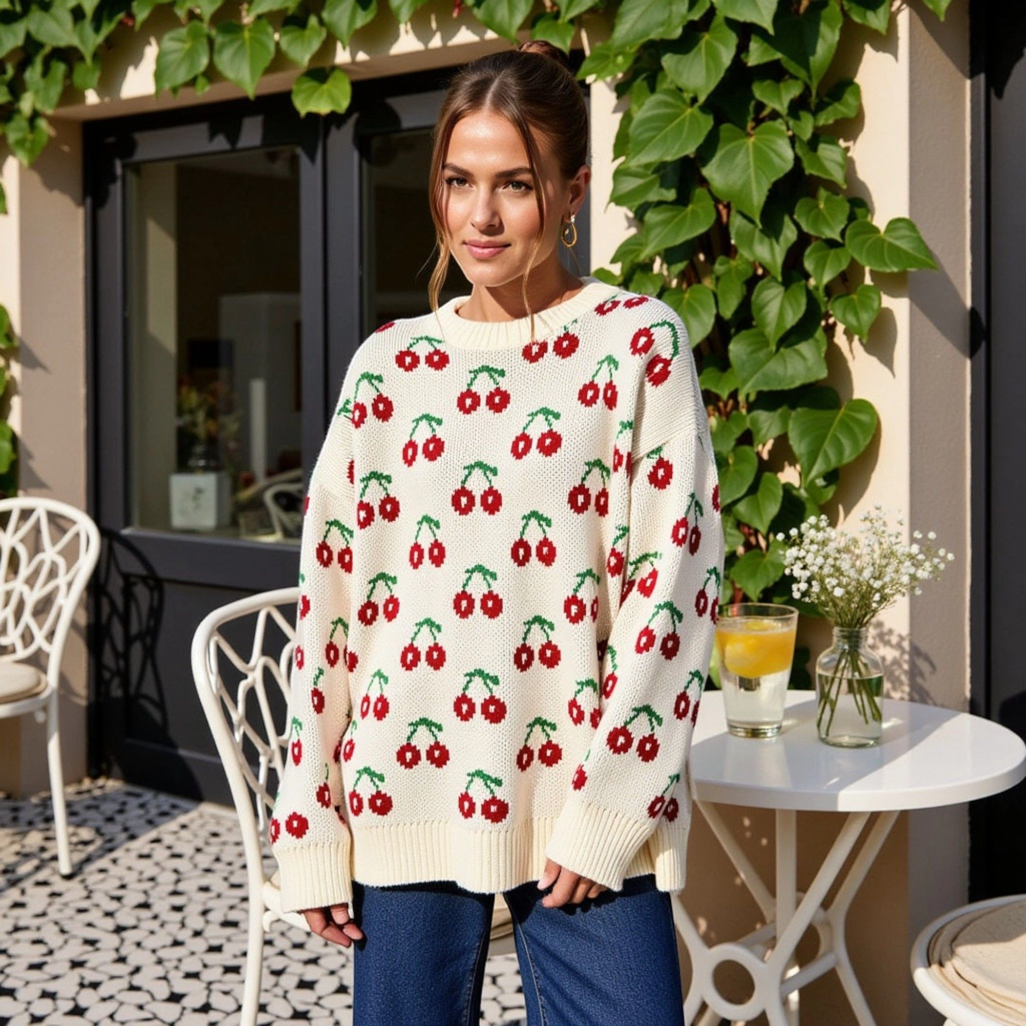 Anna-Kaci Women's Cherry Pattern Crew Neck Long Sleeve Pullover Knit Sweater