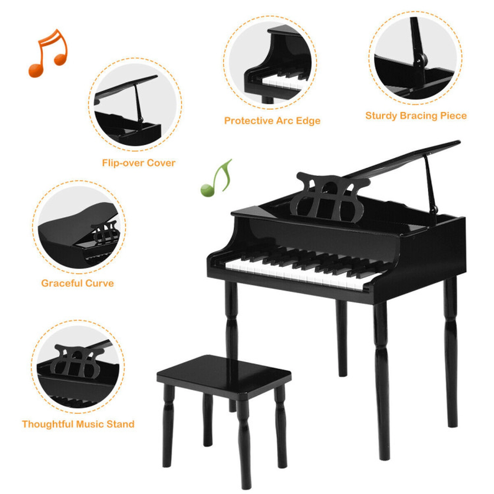 SUGIFT Black 30-Key Wood Kids Grand Piano with Bench Music Rack and Environmentally Friendly MDF Build