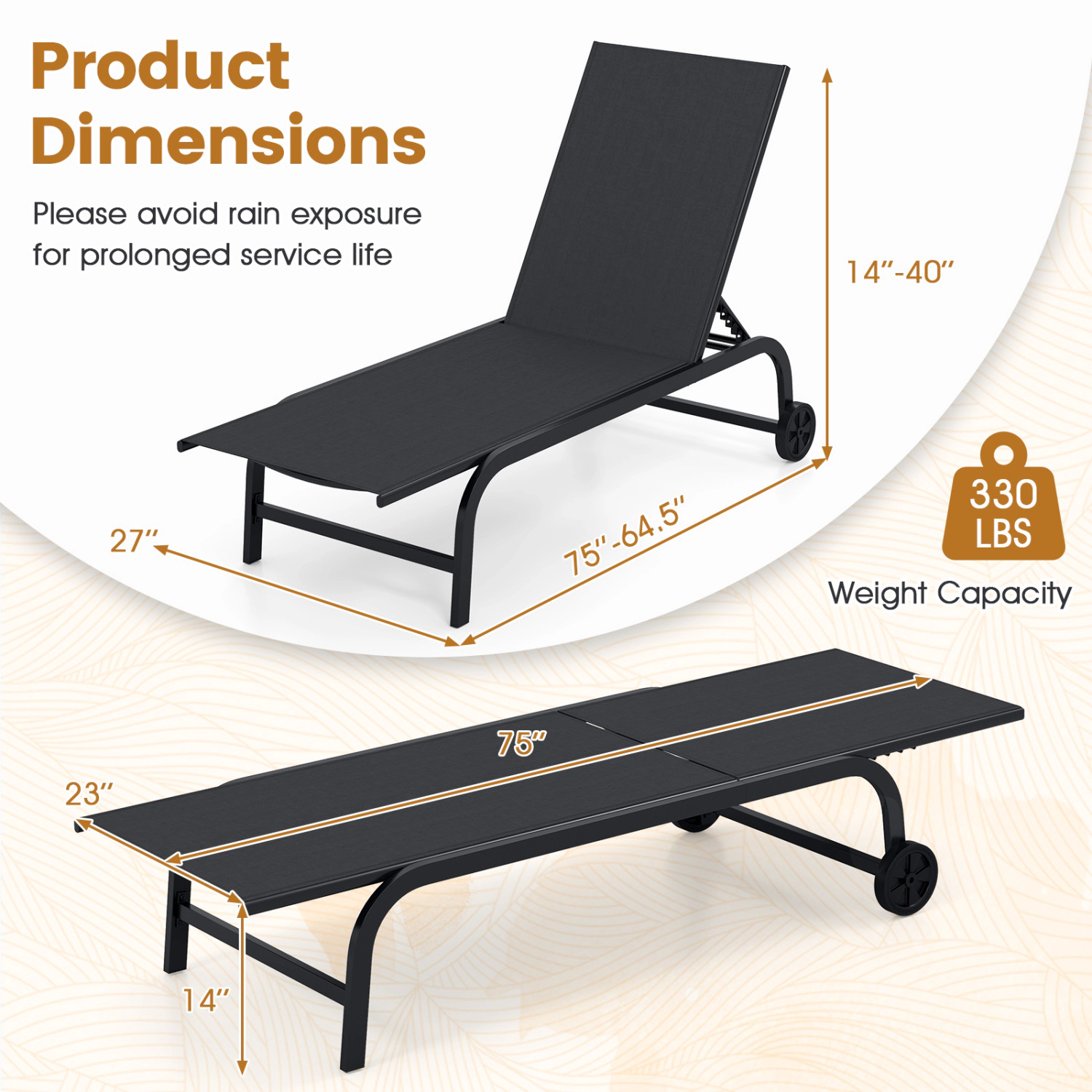 LJG Outdoor Chaise Lounge Chair with Wheels and Metal Frame