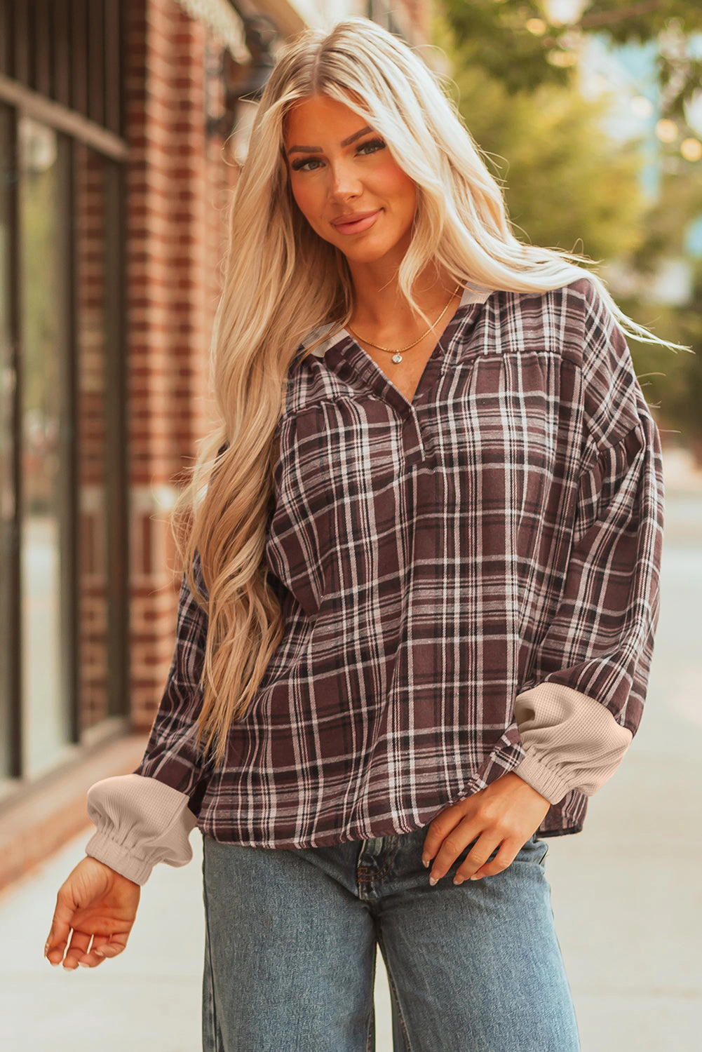 Threaded Pear Women's Lauren Plaid Patchwork Long Sleeve Hooded Top