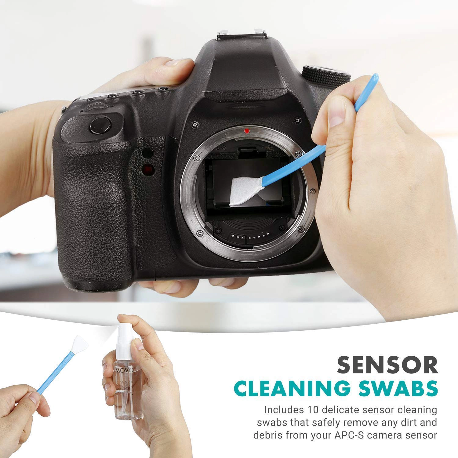 Movo Deluxe Essentials DSLR Camera Cleaning Kit with 10 APS-C Cleaning Swabs, Sensor Cleaning Fluid, Rocket Air Blower