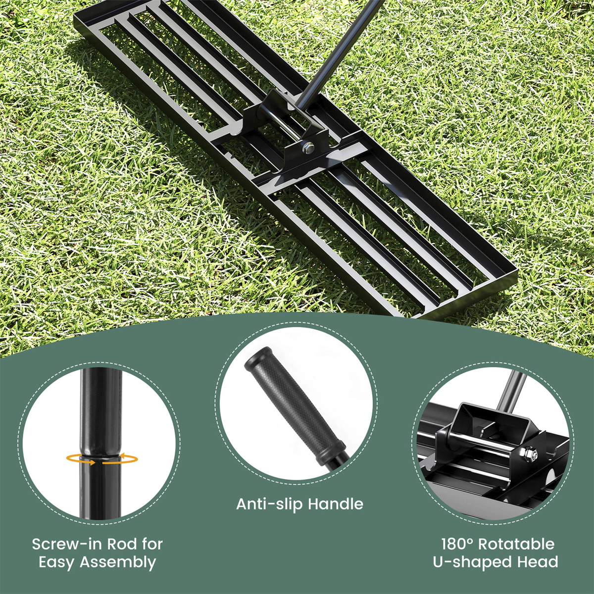 SUGIFT Black 42-in x 10-in Lawn Leveling Rake Grading Plate with Rustproof 69-in Handle for Topdressing