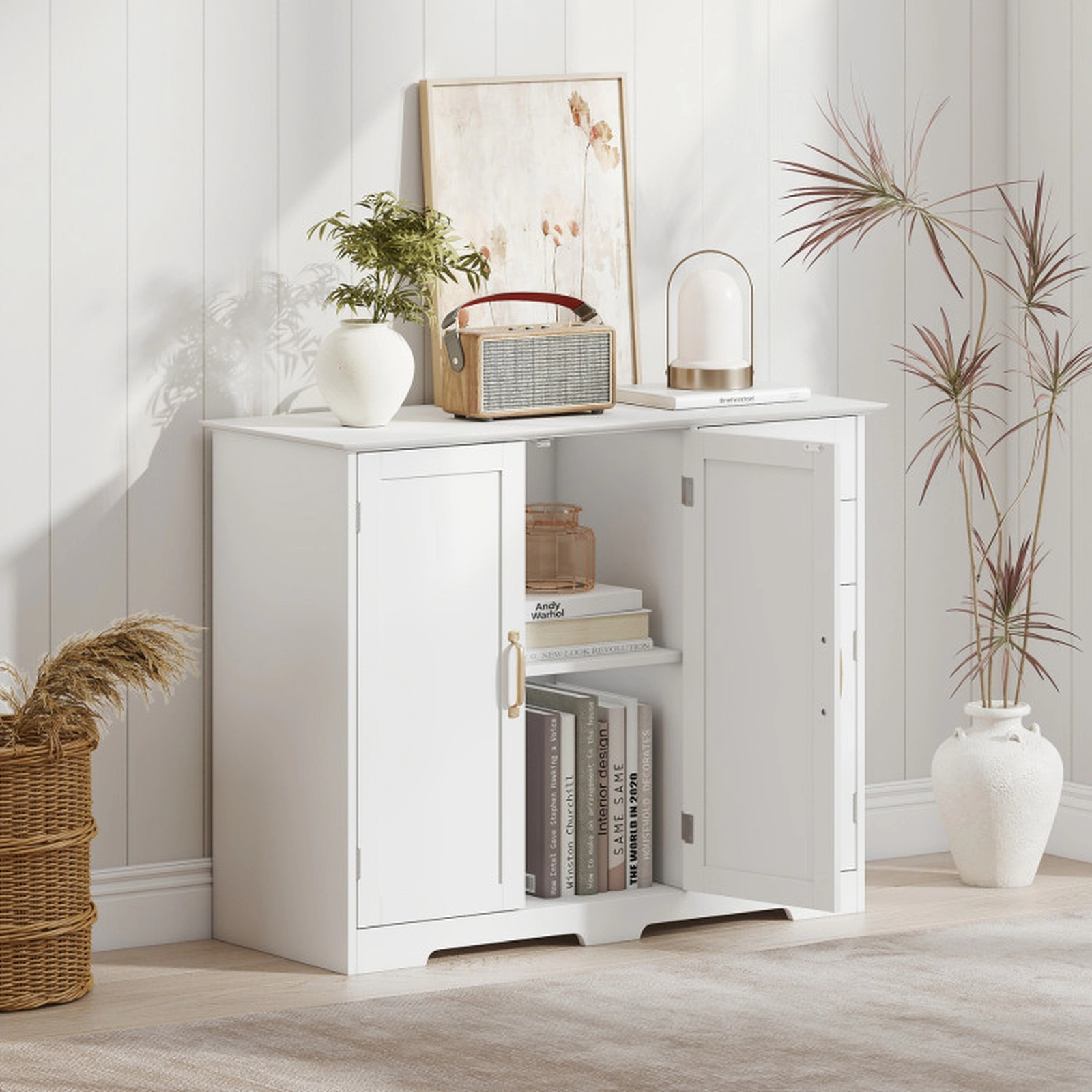 SUGIFT 2-Drawer Gold Handles Shaker Doors Kitchen Sideboard Cabinet 40-in x 16-in x 31-in 120-lb Capacity White