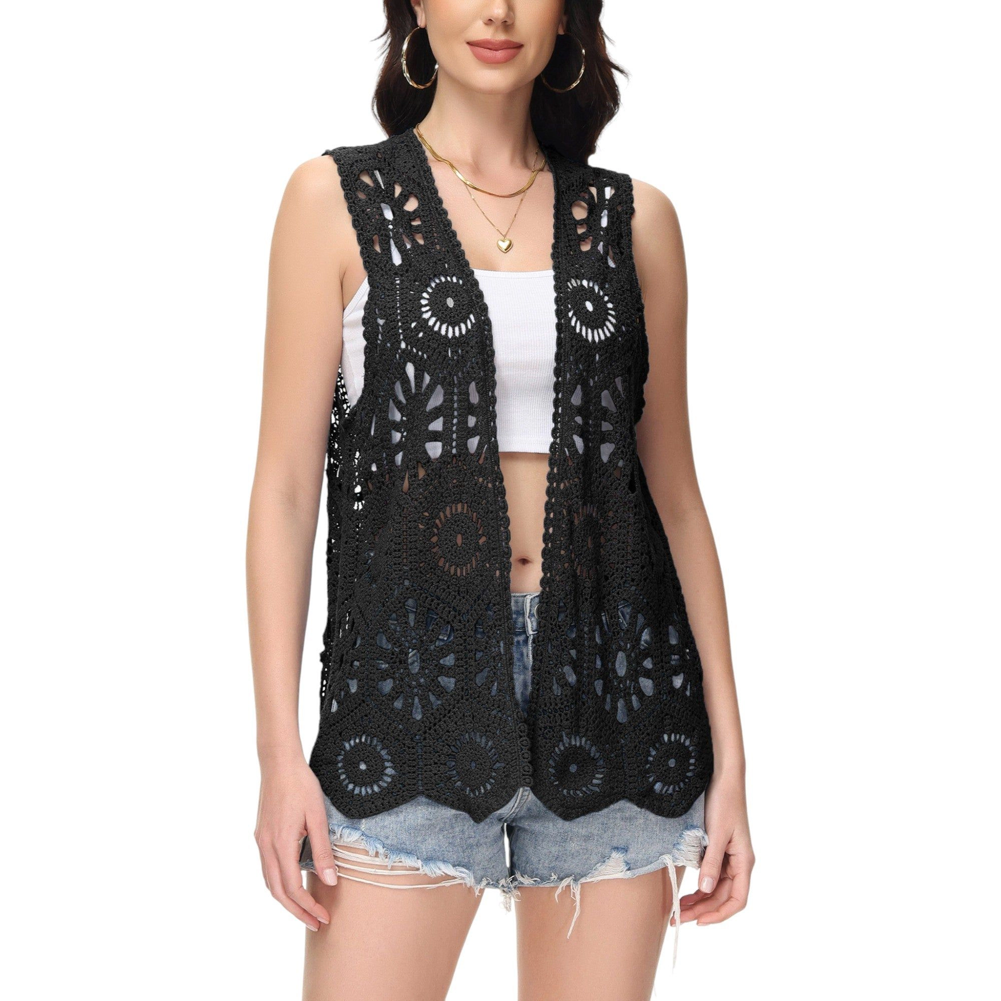 Anna-Kaci Women's Floral Crochet Cardigan Lace Trim Open Front Vest