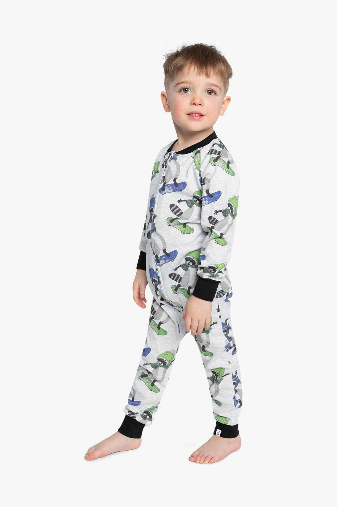 Deux par Boys Organic Cotton Raccoon Print Front Zip Long Sleeve One Piece Pajama