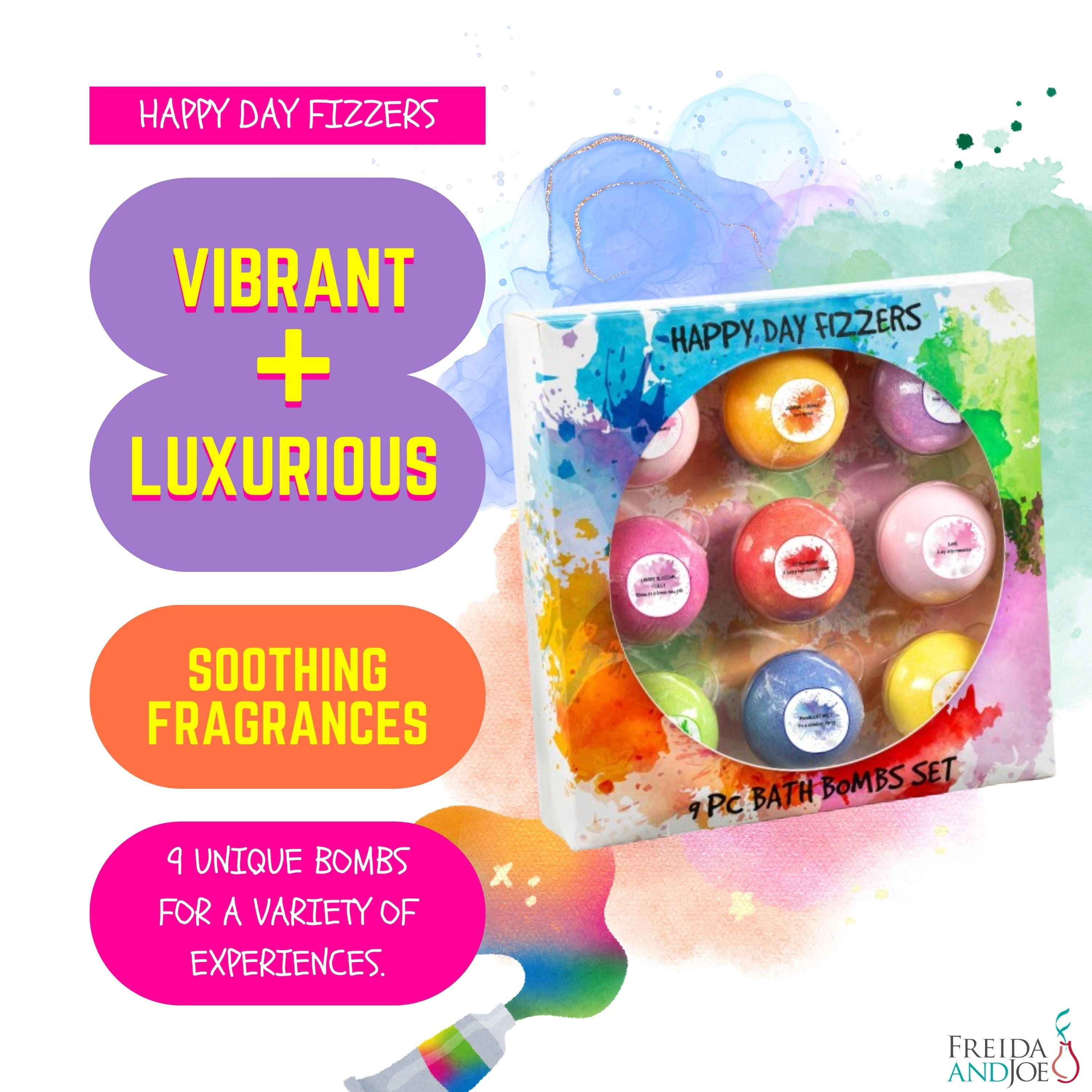 Freida and Joe Happy Day Fizzers Aromatherapy 9 Pcs Large Bath Bomb Gift Set