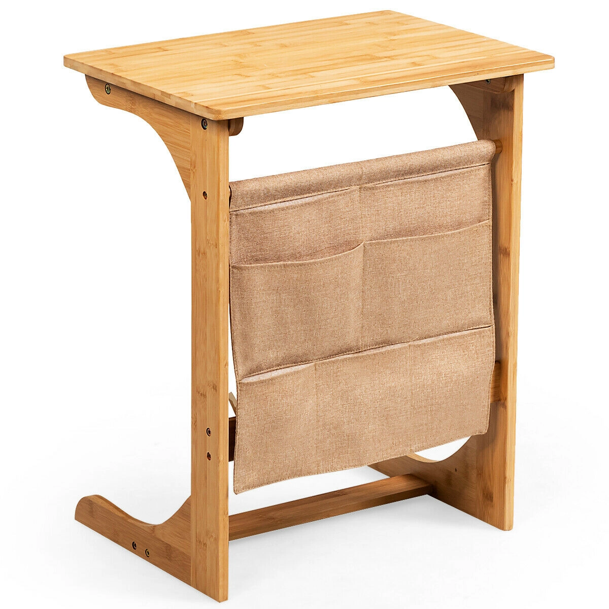 SUGIFT Bamboo Sofa Side Table Natural End Table with Fabric Storage Bag