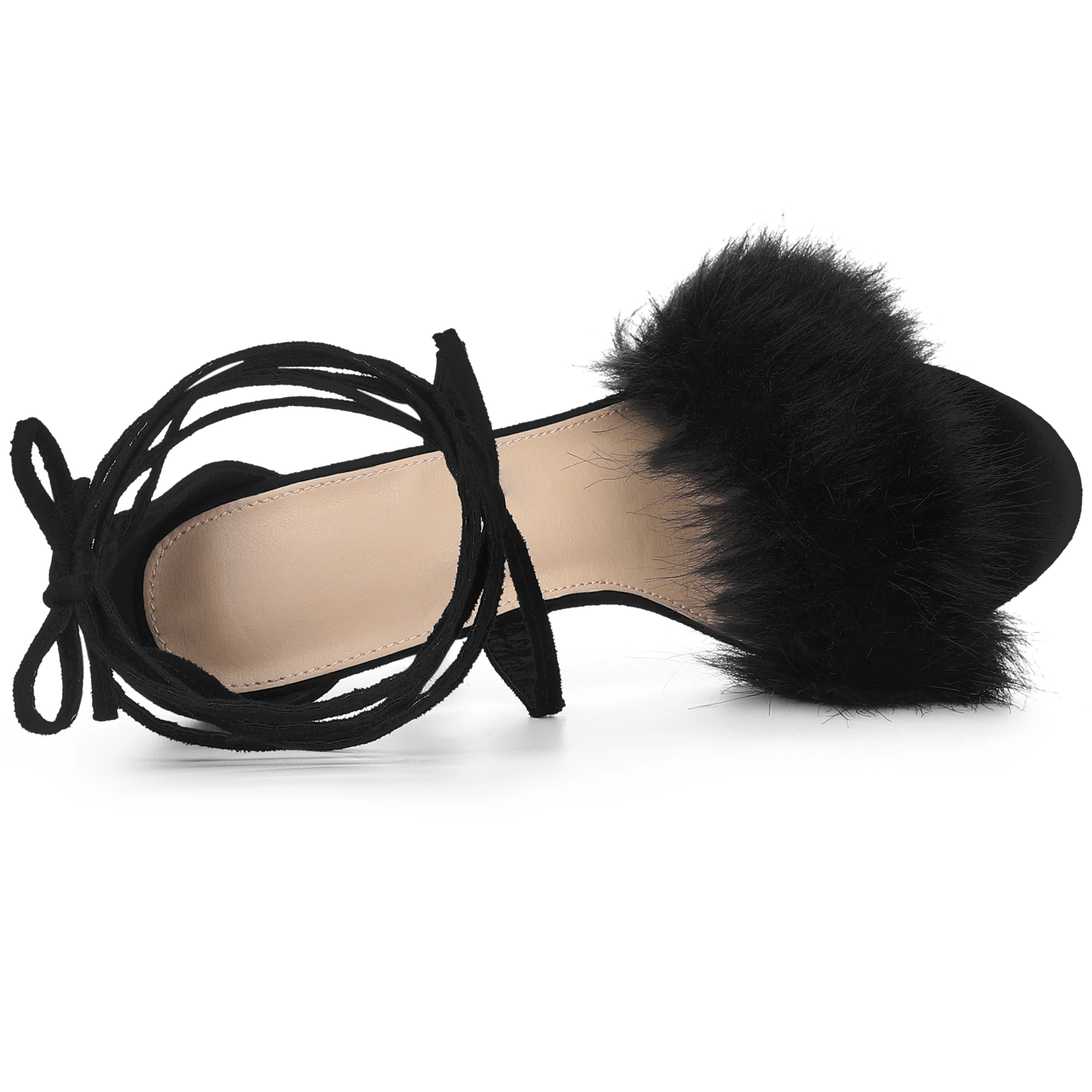 BLISSFUL STEP Women's Faux Fur Lace Up Stiletto Heel Ankle Wrap Tie Sandals