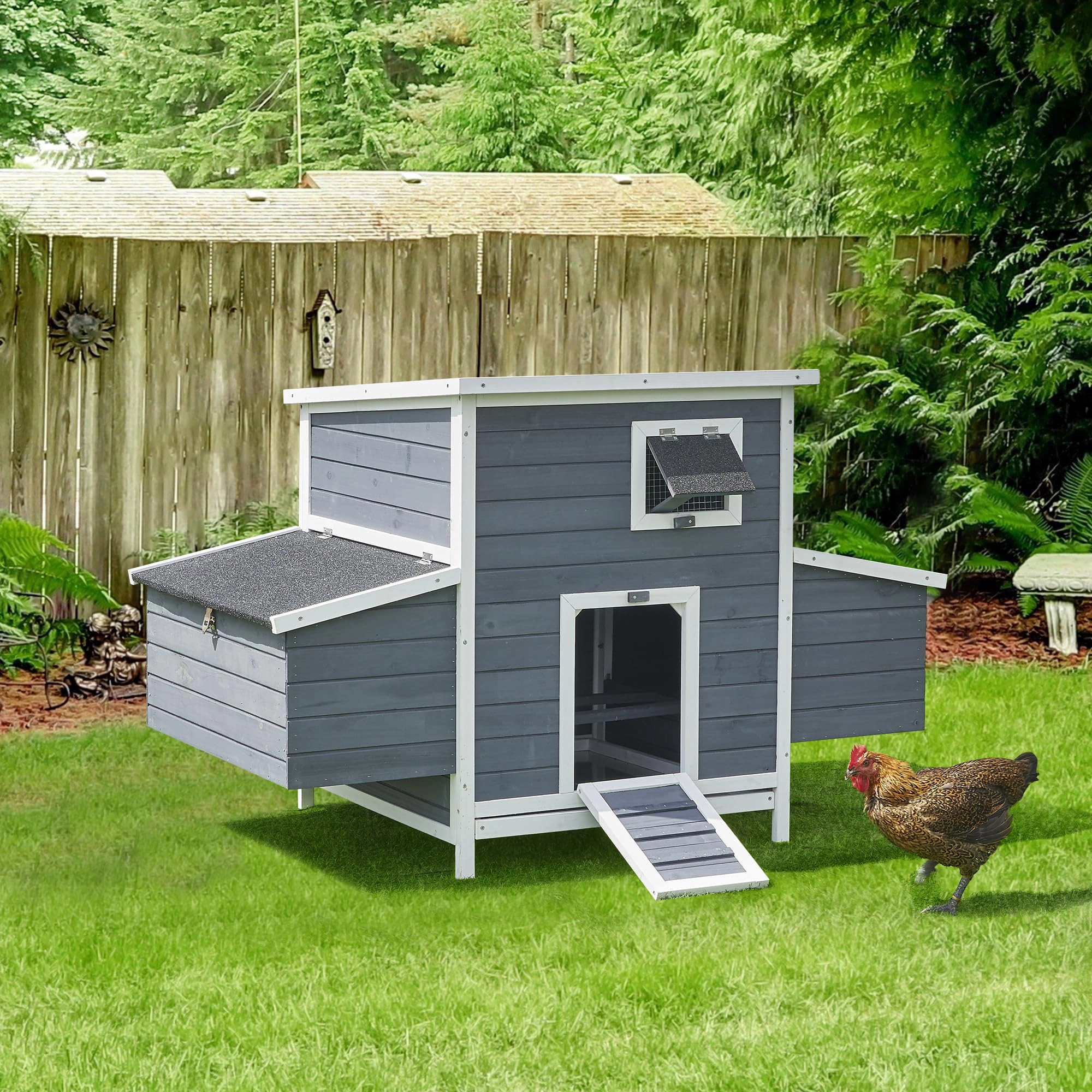 143x87.63x86.36cm Wooden 563 Chicken Coop, Outdoor Poultry Rabbit Cage with Complete Hardware, Gray