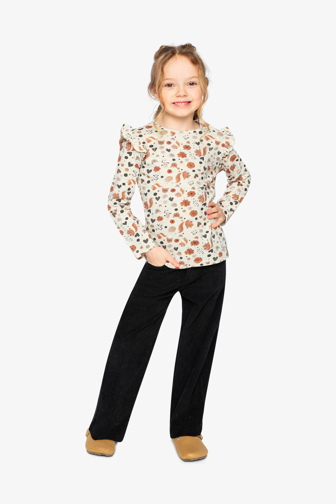 Deux par Girls Squirrel Print Ruffle-Shoulder Organic Cotton Long Sleeve T-Shirt
