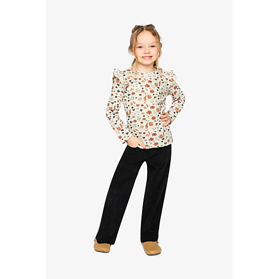 Deux par Deux Girls Squirrel Print Ruffle-Shoulder Organic Cotton Long Sleeve T-Shirt