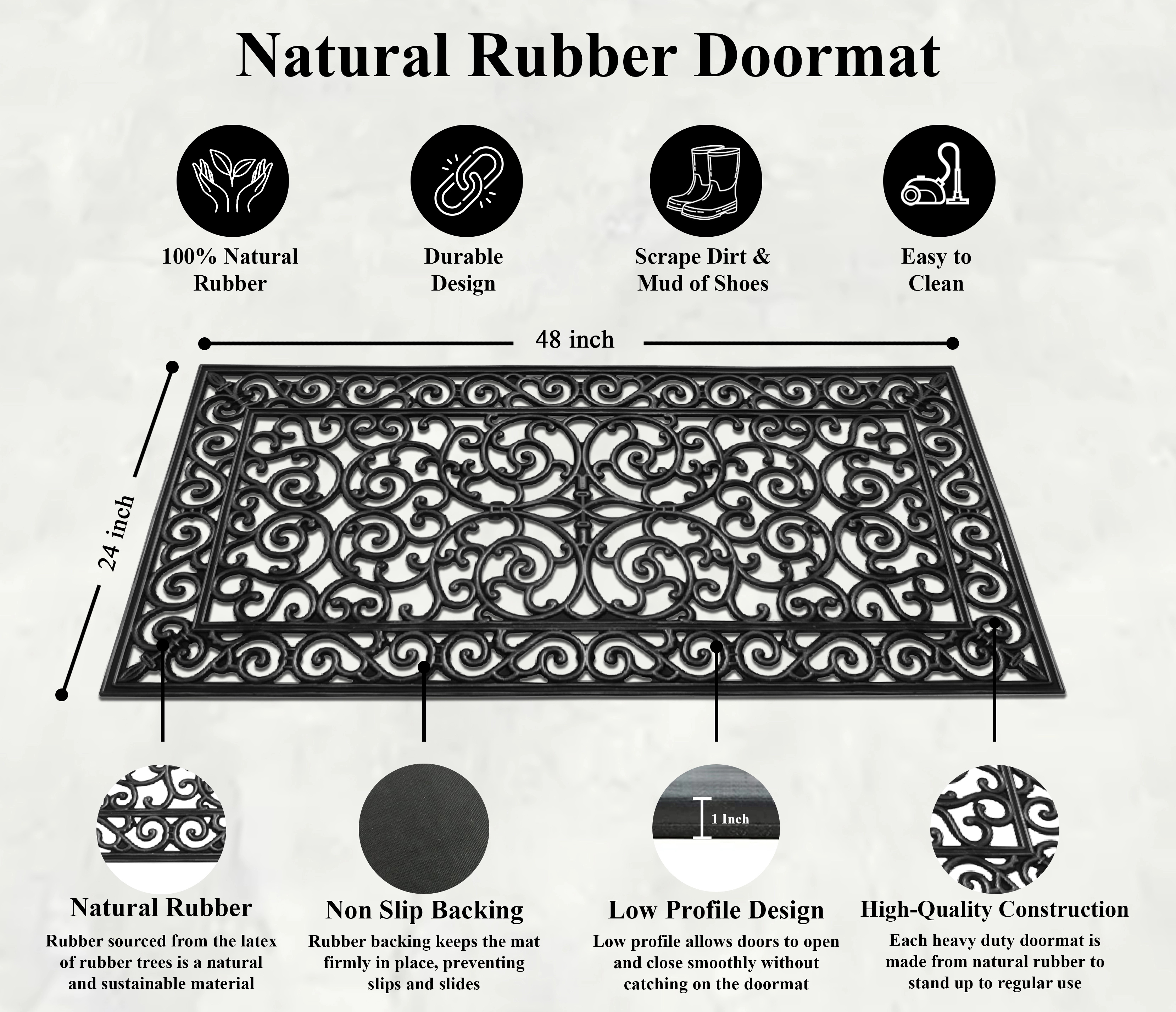 A1 Home Collection 9 lb Heavy Duty Rubber Outdoor Doormat Non-Slip Dirt Scraper Mat, Onyx Estate, 24 x 48 Inches