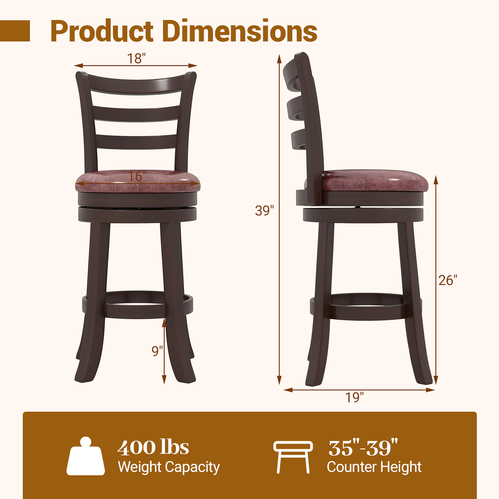 LJG Counter Height Swivel Barstools Set of 2 with Faux Leather Seat and Wrap-Around Footrest-29