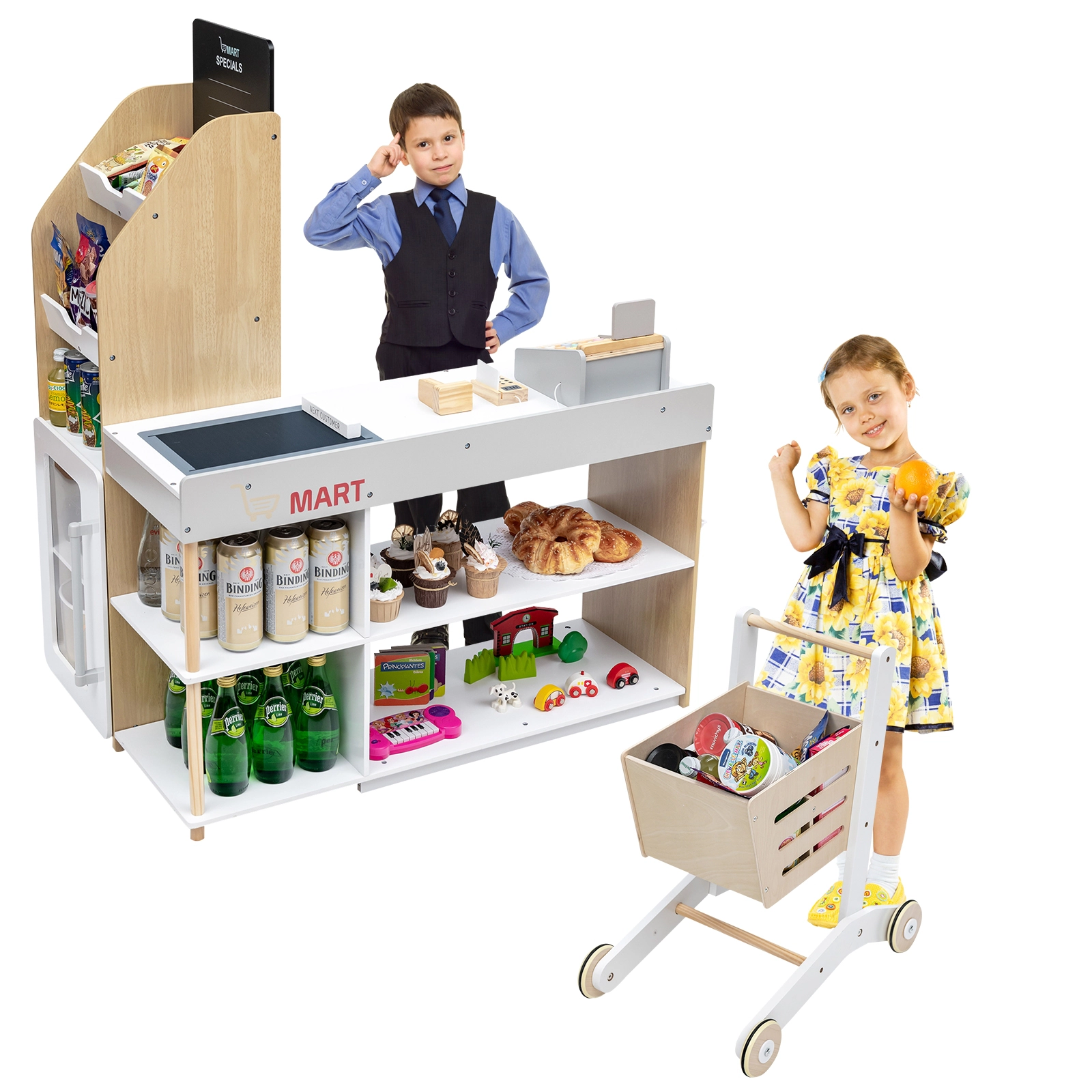 SUGIFT Grocery Store Playset Supermarket Checkout Counter with Cart Ages Over 3 Years Old Natural 21.5-in Countertop
