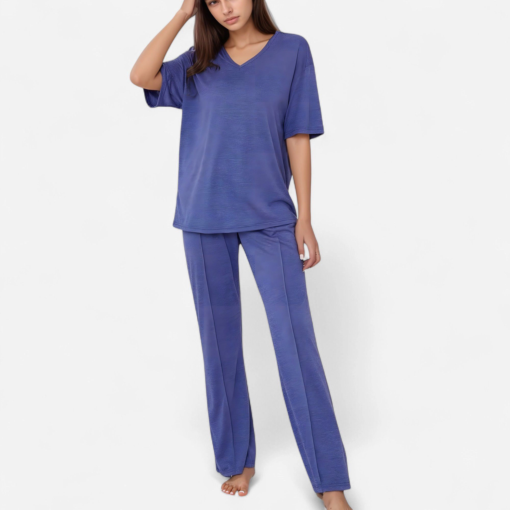 Anna-Kaci Women's Short Sleeve V-Neck Pajama Set with Relaxed Fit Knit Top and Wide Leg Lounge Pants