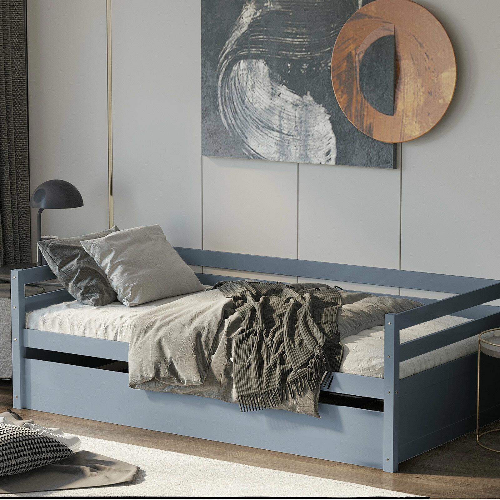 SUGIFT Wooden Slat Support and Roll-Out Trundle Twin Platform Bed Frame