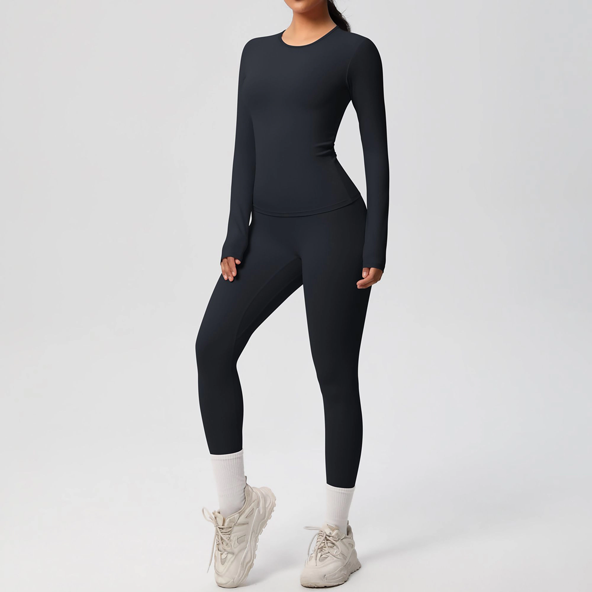 Anna-Kaci Women's Long Sleeve Crew Neck Top and High Waist Leggings Set with Slim Fit Design