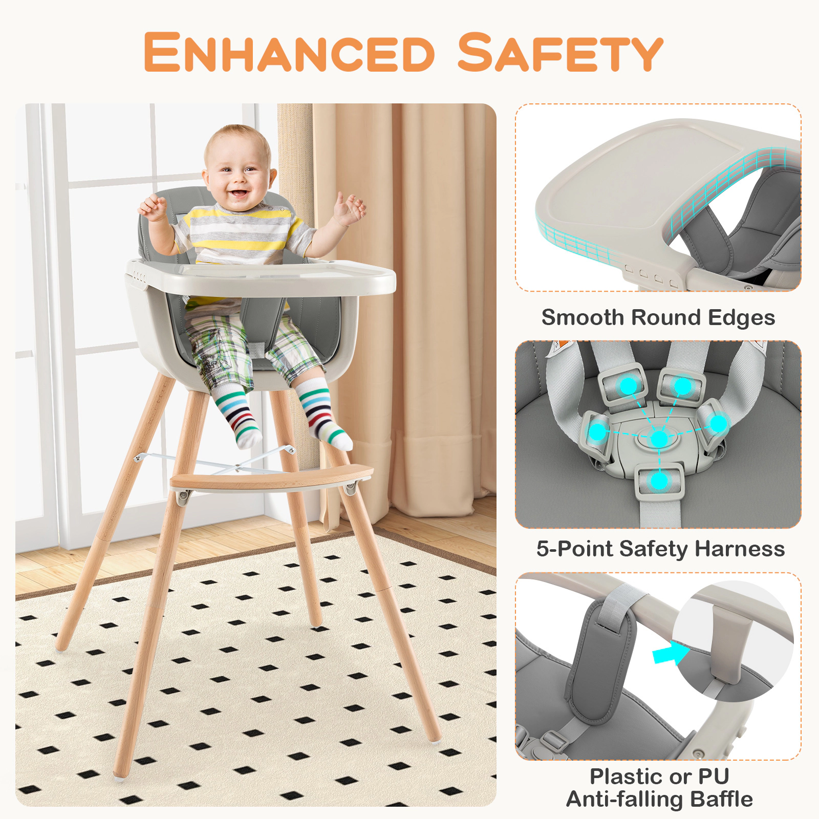 SUGIFT Removable PU Cushion and Tray 3-in-1 Convertible Wooden Baby High Chair
