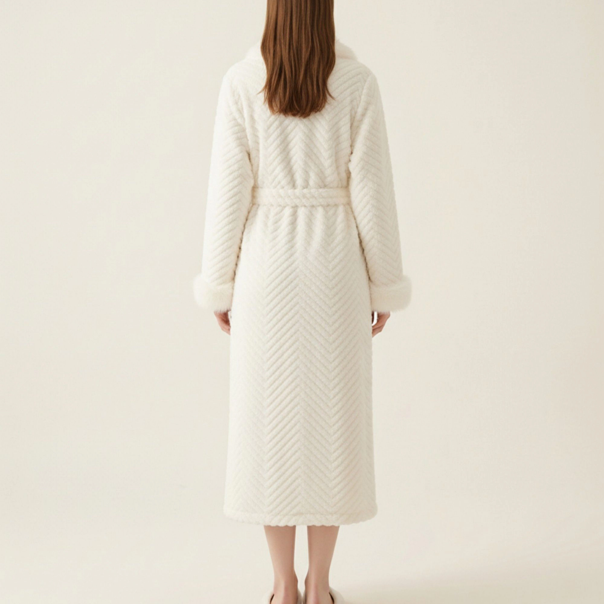 Anna-Kaci Women's Plush Long Robe with Faux Fur Trim Shawl Collar Tie Waist Belt Textured Soft Warm Full Length