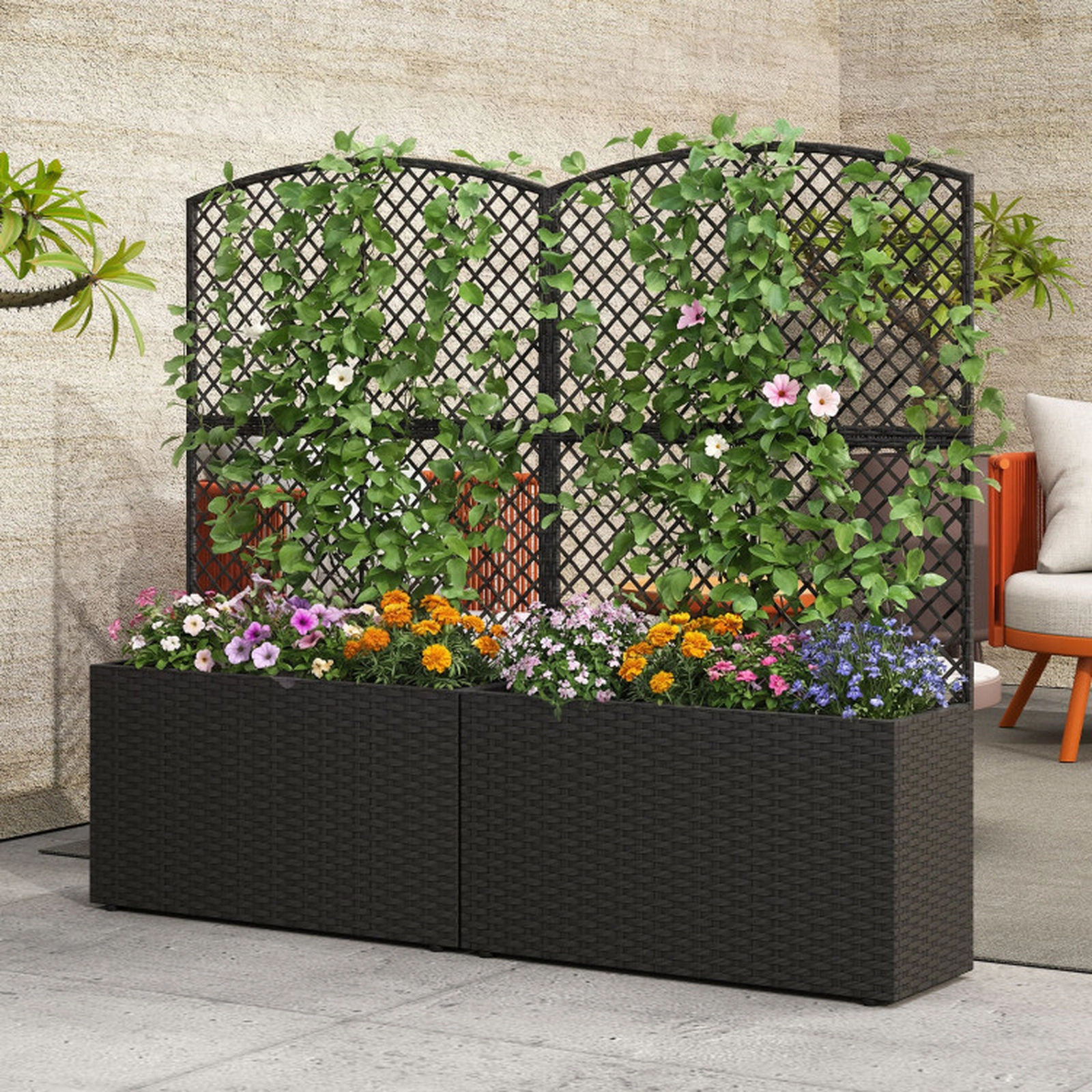 SUGIFT Set of 2 130-lb Capacity 49-in Raised Garden Beds with Climbing Trellis and Hand-Woven Rattan Boxes