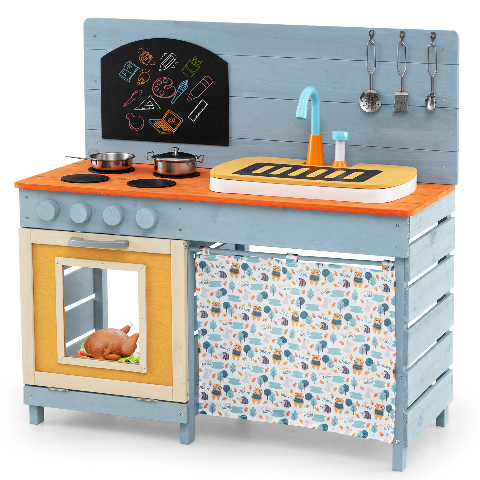 SUGIFT Blue Removable Circulation Faucet and Chalkboard Kids Wooden Toy Kitchen Playset