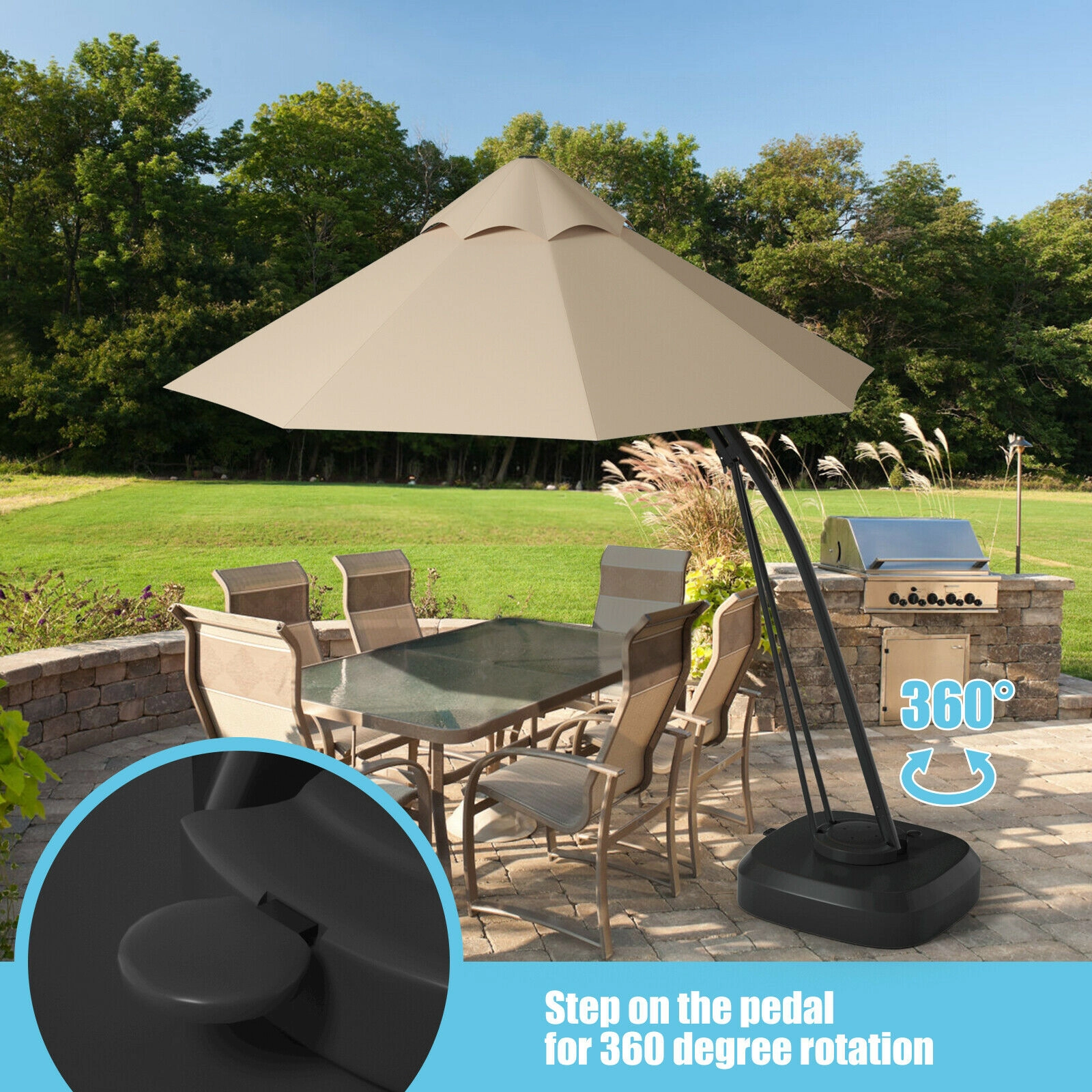 SUGIFT 11-ft Beige Offset Cantilever Patio Umbrella with Rolling 330-lb Weighted Base and 360 Rotation