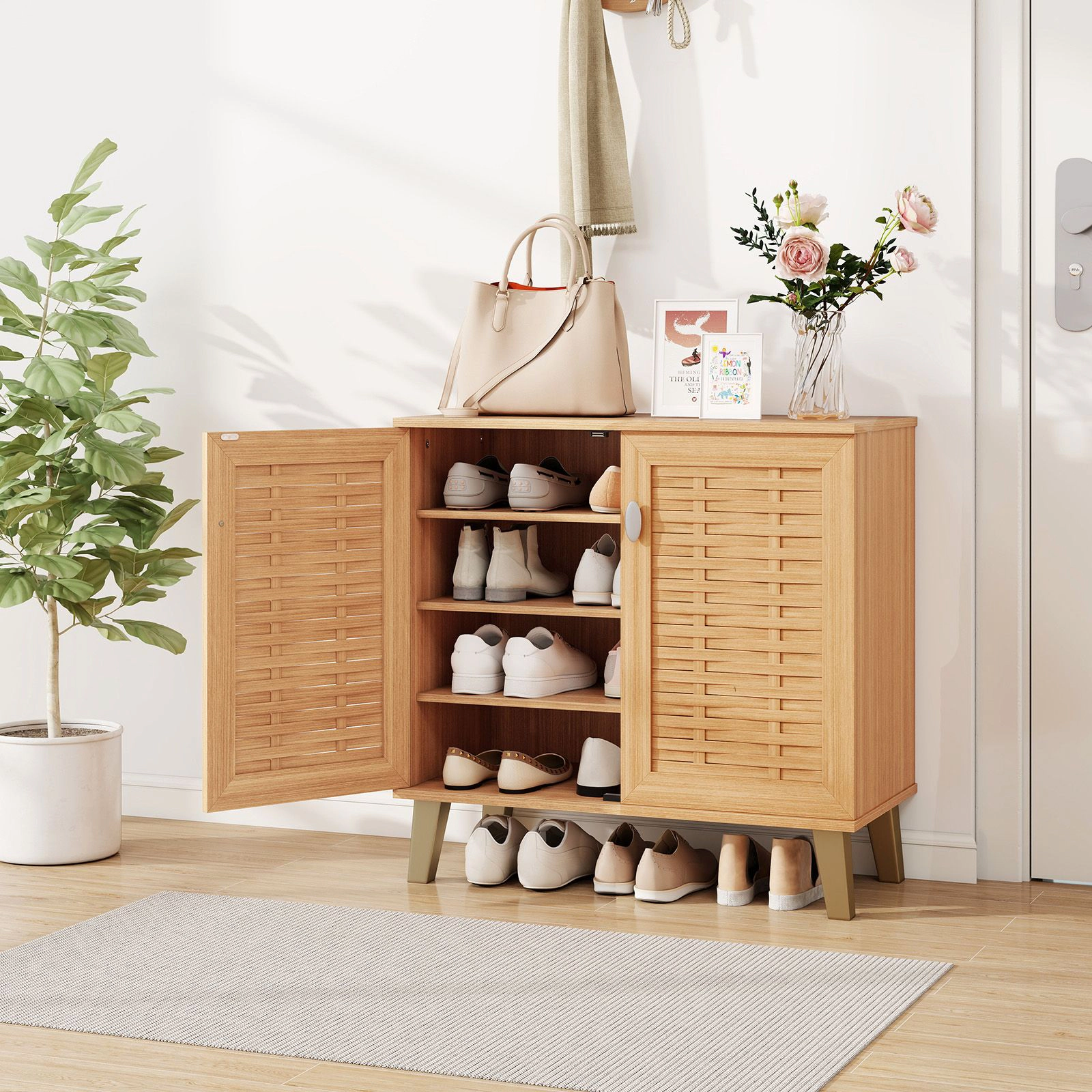 SlickBlue Modern Shoe Organizer Cabinet with Woven Doors and Storage Shelves