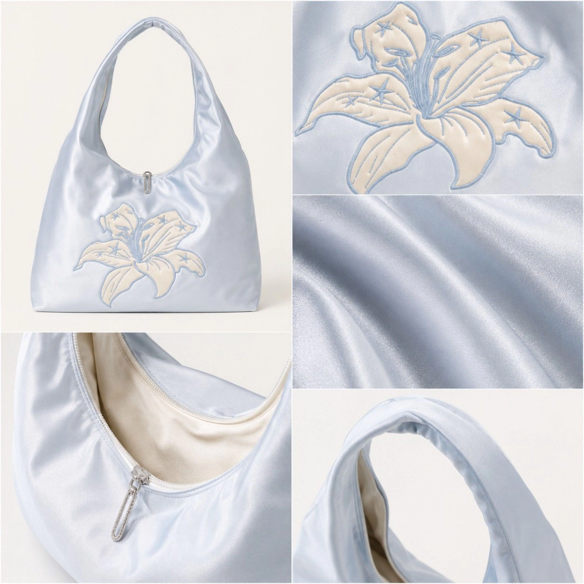 Alilang Women's Satin Hobo Shoulder Bag with Embroidered Lily Detail