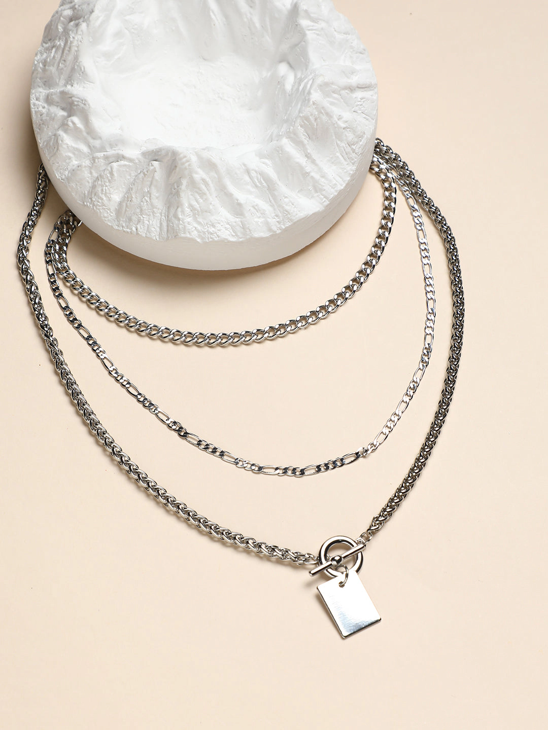 SOHI Women's Metallic Silver the Interlock Charm Multi-Layer Necklace