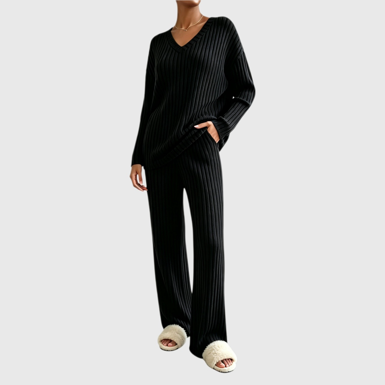 YesFashion Women's Pajama Sets Long Sleeve 2 Piece Lounge Ribbed Knit Sweater Sleepwear