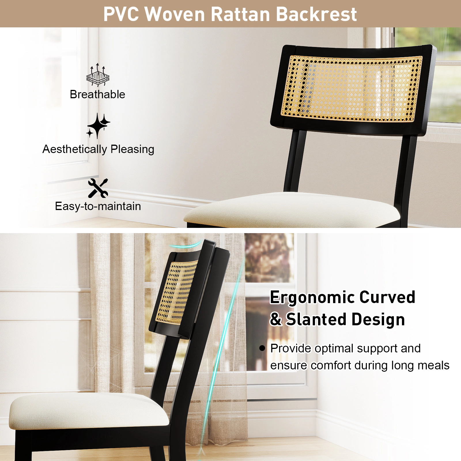 SUGIFT Set of 2 Black Rattan Dining Chairs with Linen Upholstered Seats