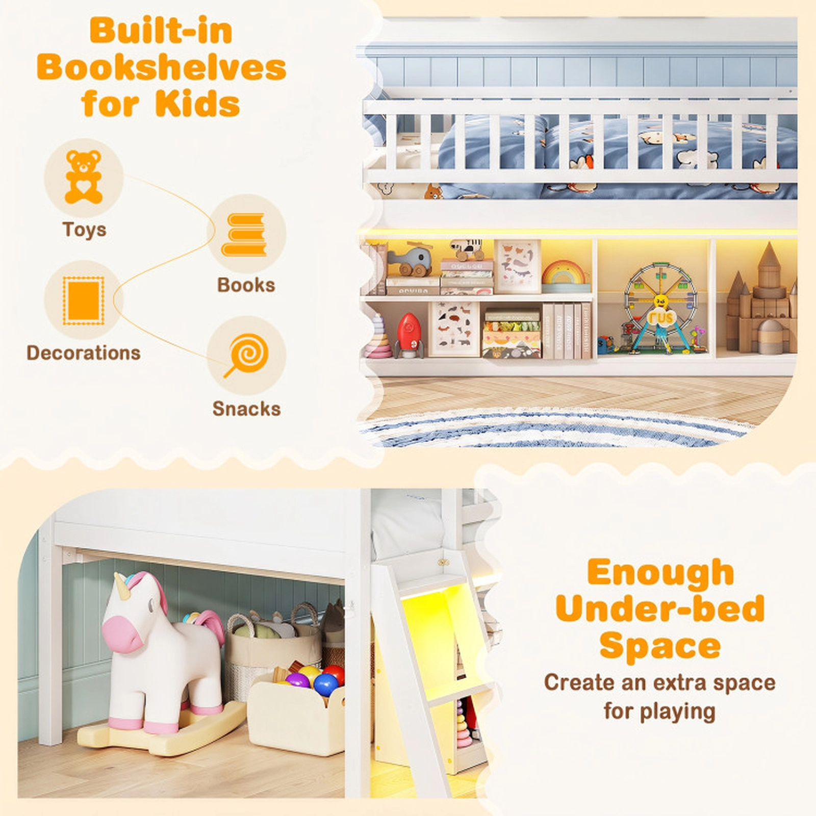 SUGIFT Twin Size 400-lb Capacity White Solid Wood Low Loft Bed with LED Lights Side Bookcase and Guardrails