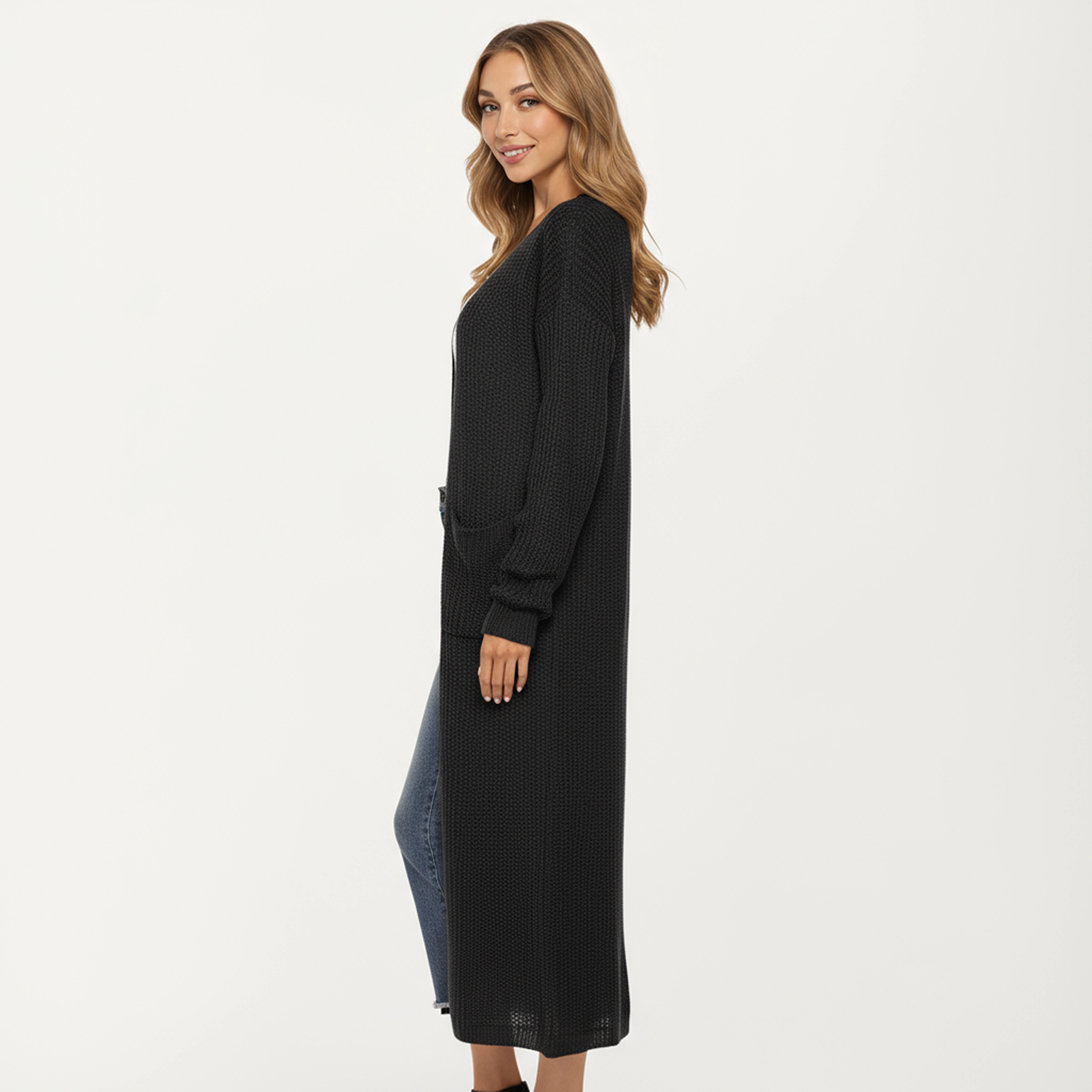 Anna-Kaci Women's Open Front Long Knit Cardigan with Pockets and Ribbed Trim Design