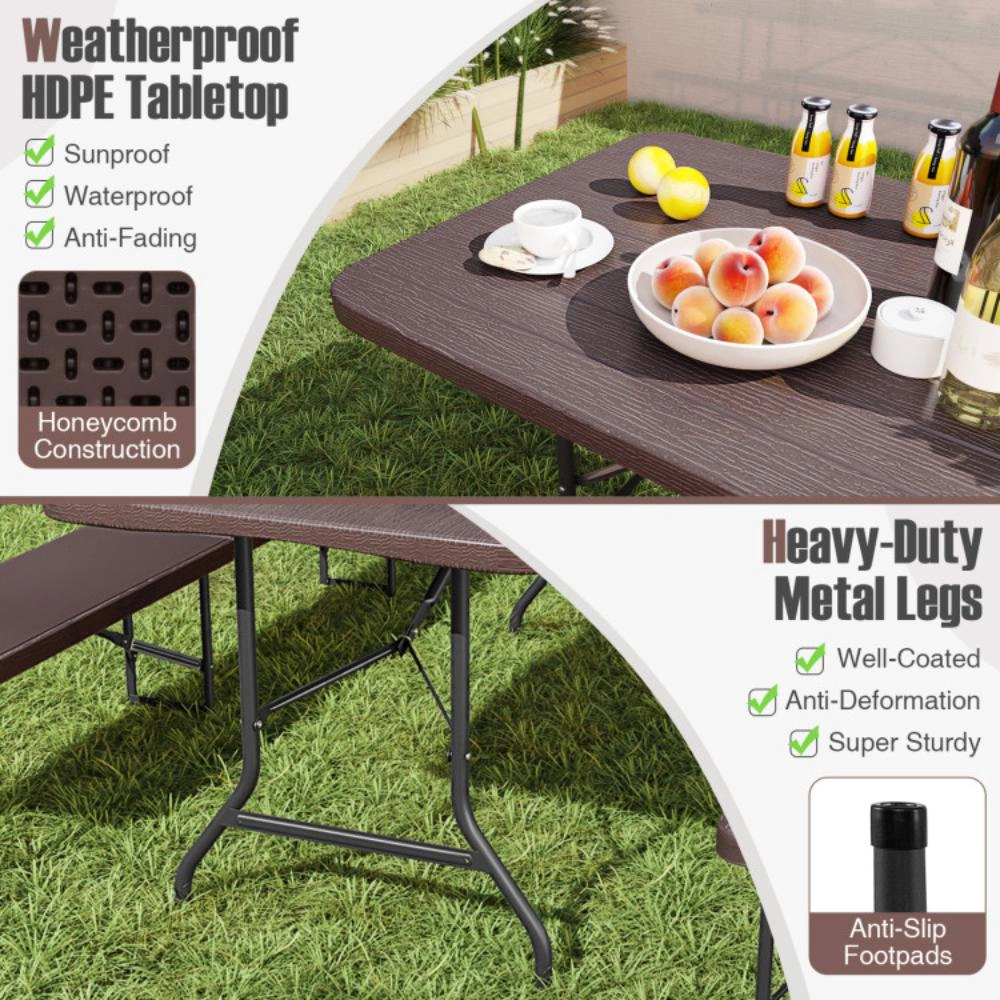 Hivvago 6 Feet Folding Table With Wood Grain Hdpe Tabletop And Safe Lock Mechanism