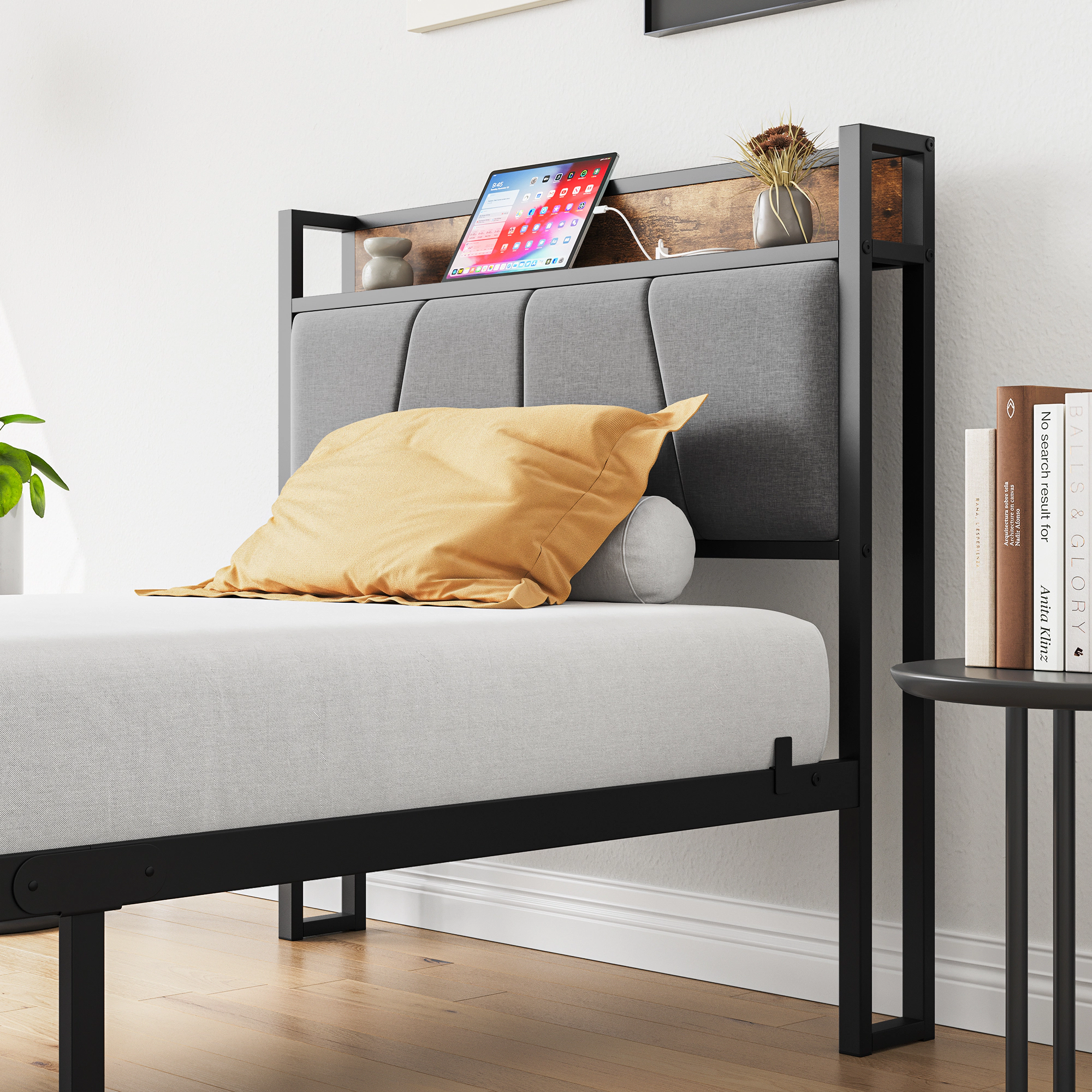 Flynama Twin Bed Frame with Storage Headboard & Charging Station, No Box Spring Needed