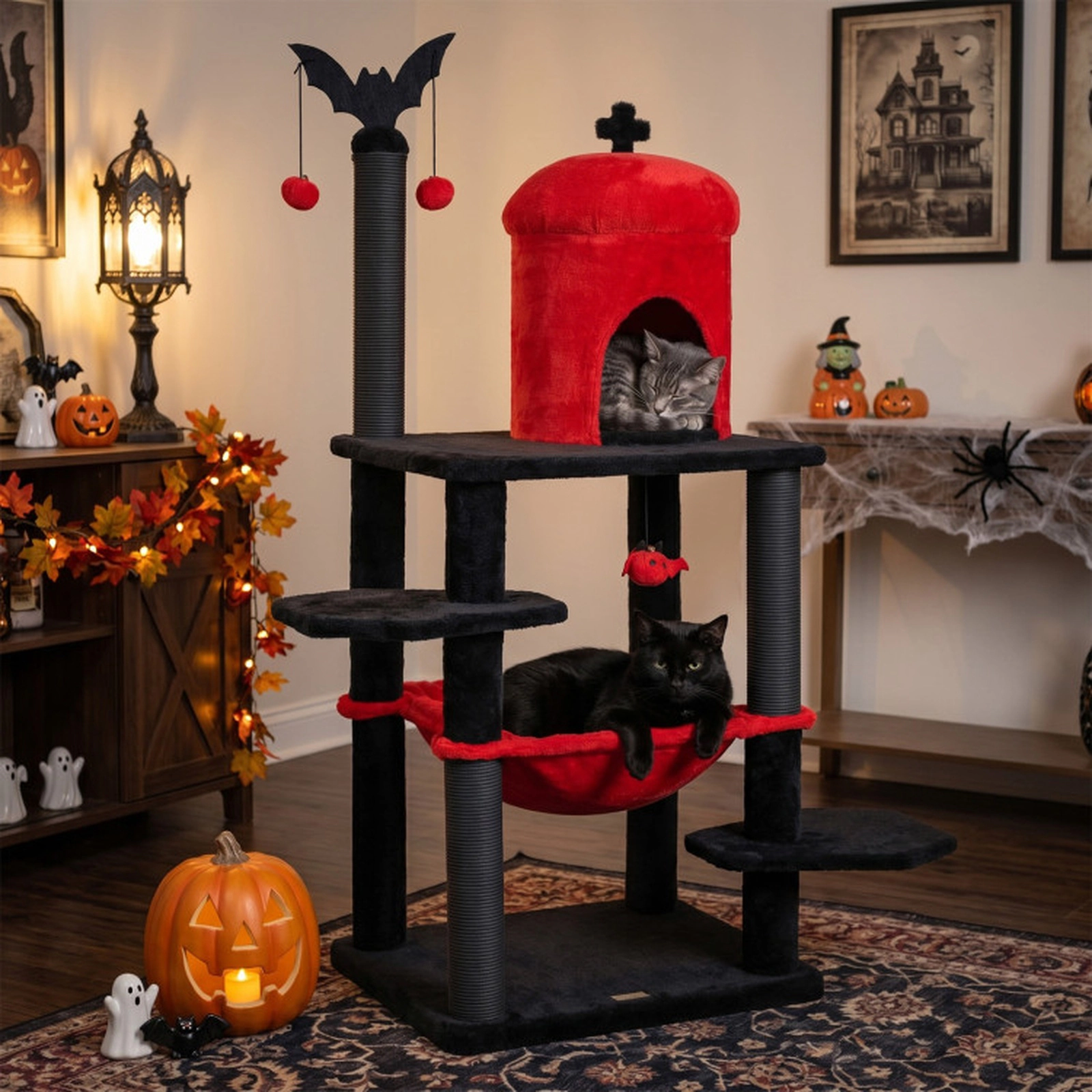 SUGIFT 51-in Gothic Multi-level Cat Tree with Spider Hanging Toy 22-lb Capacity Halloween Red & Black