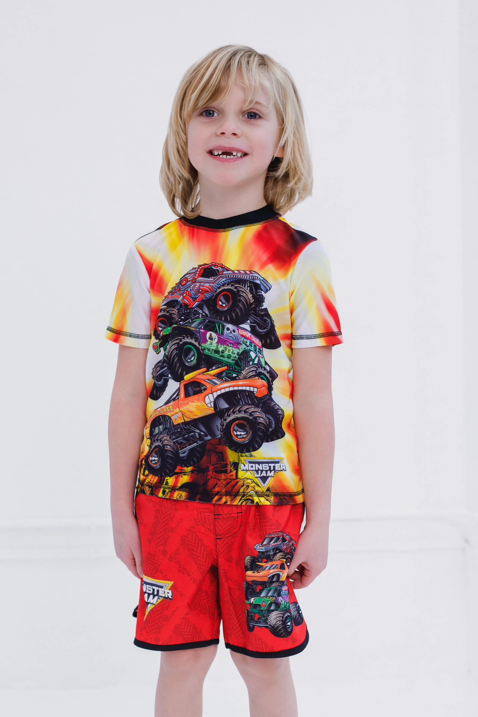 Monster Jam Boys' UPF 50+ 2-Piece Rash Guard and Swim Trunks Set