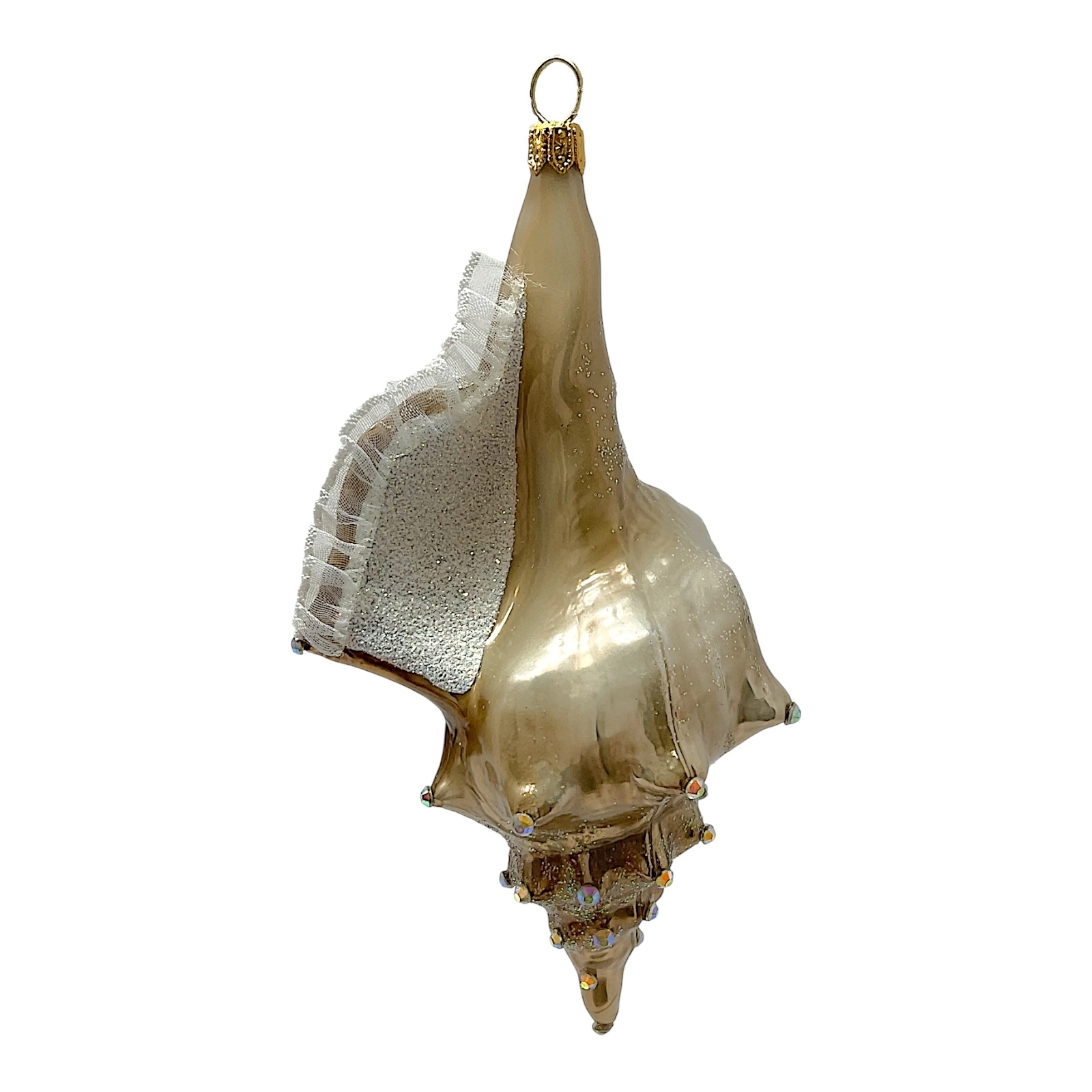 Pinnacle Peak Trading Company Brown and White Jeweled Seashell Polish Glass Christmas Ornament Shell Coastal