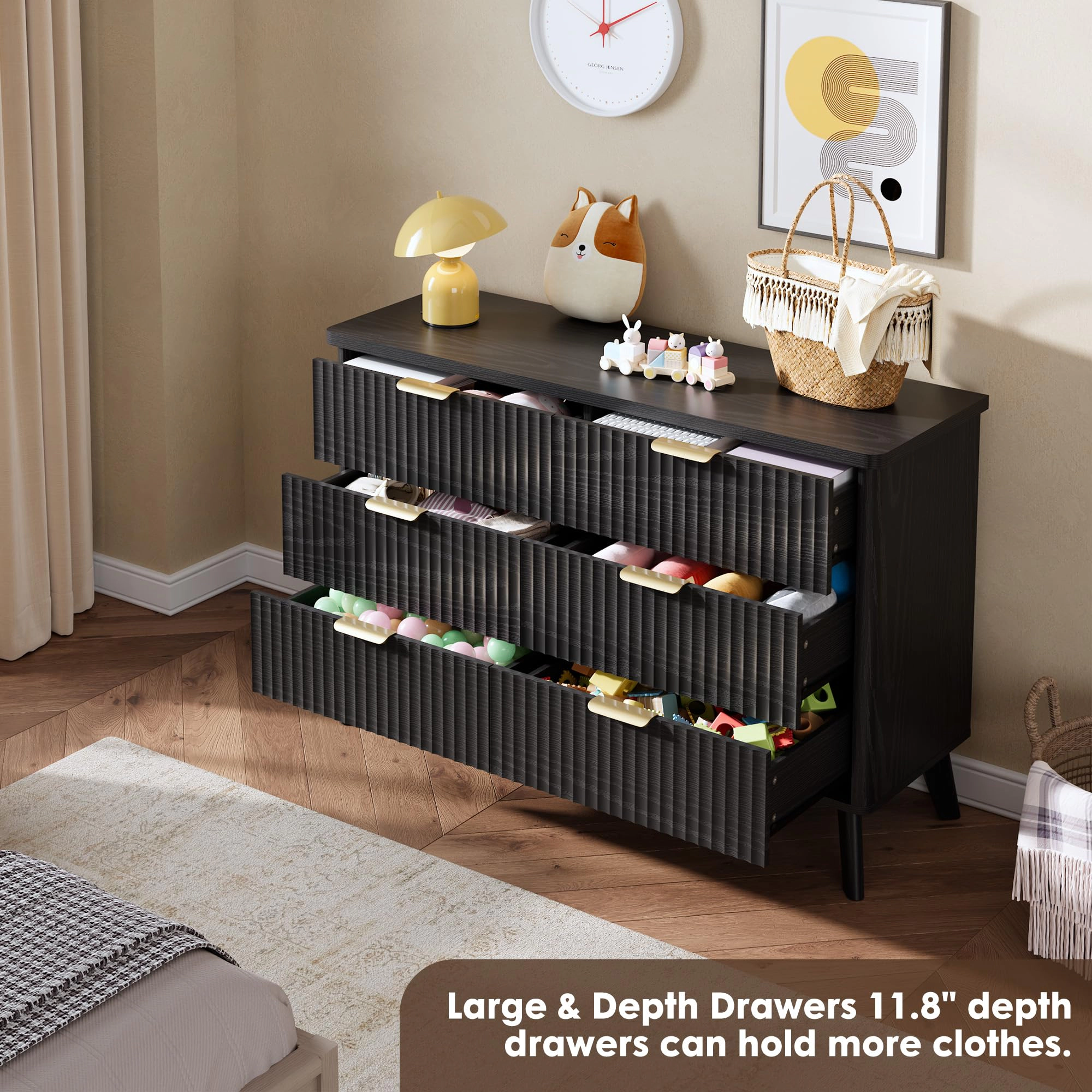 Fluted 6 Drawer Dresser, Curved Profile Design 47.2" Wide Wooden Chest & TV Stand for Bedroom Living Room