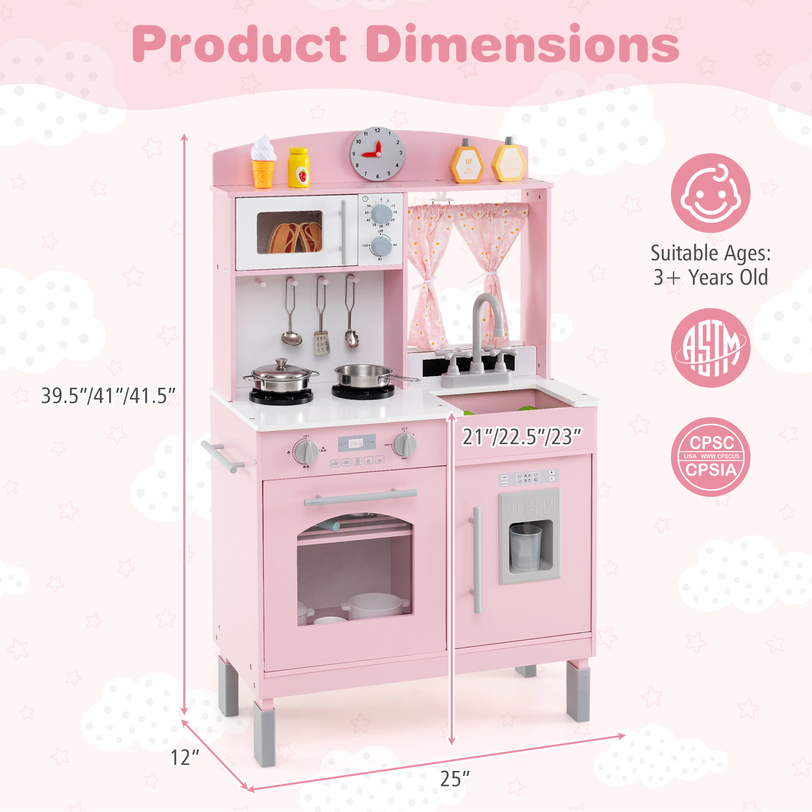Play Kitchen for Kids 3 Adjustable Heights Ice Maker Microwave Curtains 25-in Wooden Chef Pretend Playset Ages 3+ Pink