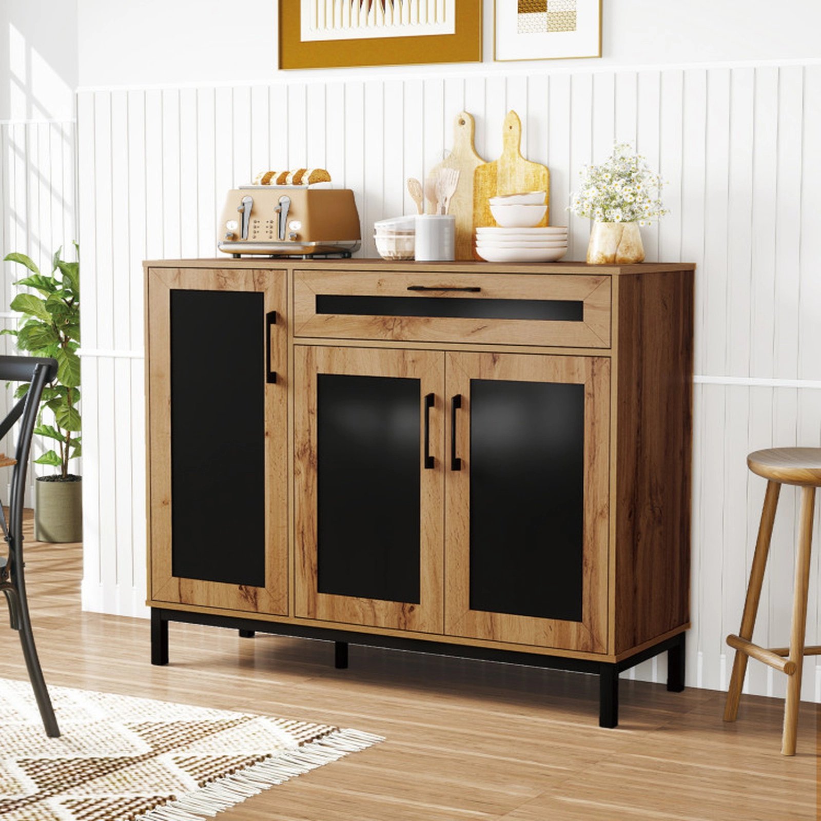 SUGIFT 48-in Sideboard Buffet Cabinet with Drawer and Metal Legs 88-Lb Countertop Capacity Natural + Black