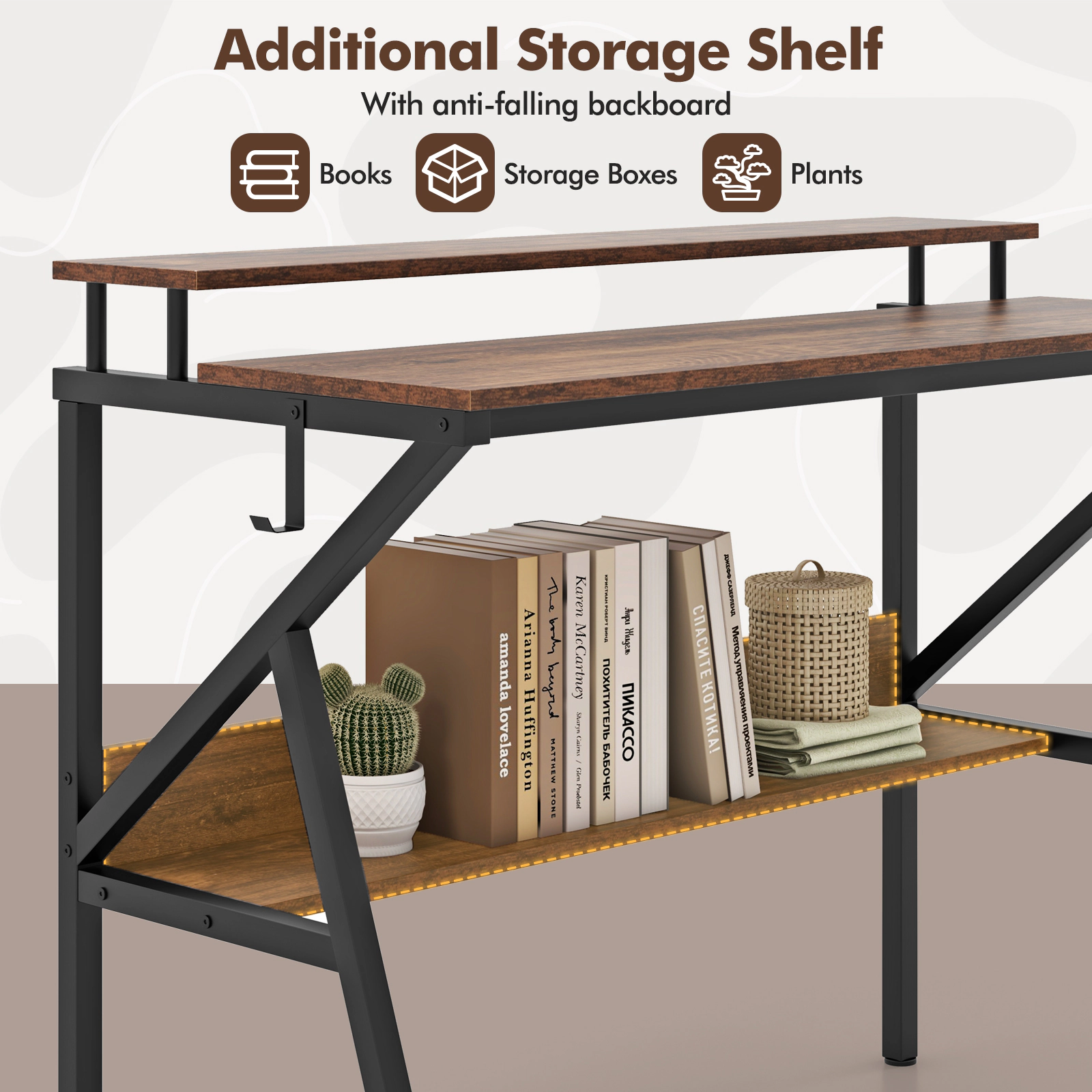 SUGIFT Space Saving Computer Desk with Monitor Stand and Extra Storage Shelf 200-lb Tabletop 55-lb Shelf Rustic Brown