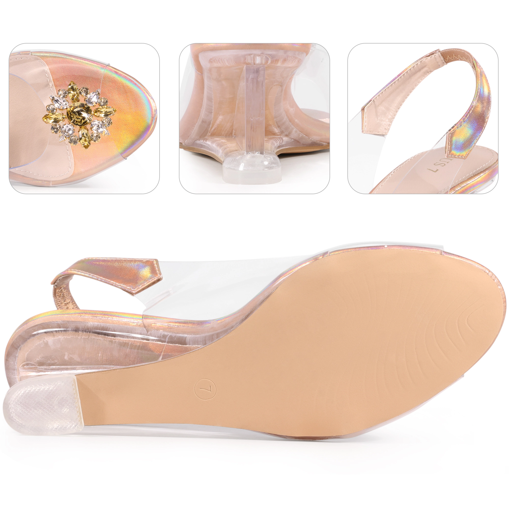 BLISSFUL STEP Women's Rhinestone Clear Peep Toe Wedge Heel Slingback Slip On Sandal