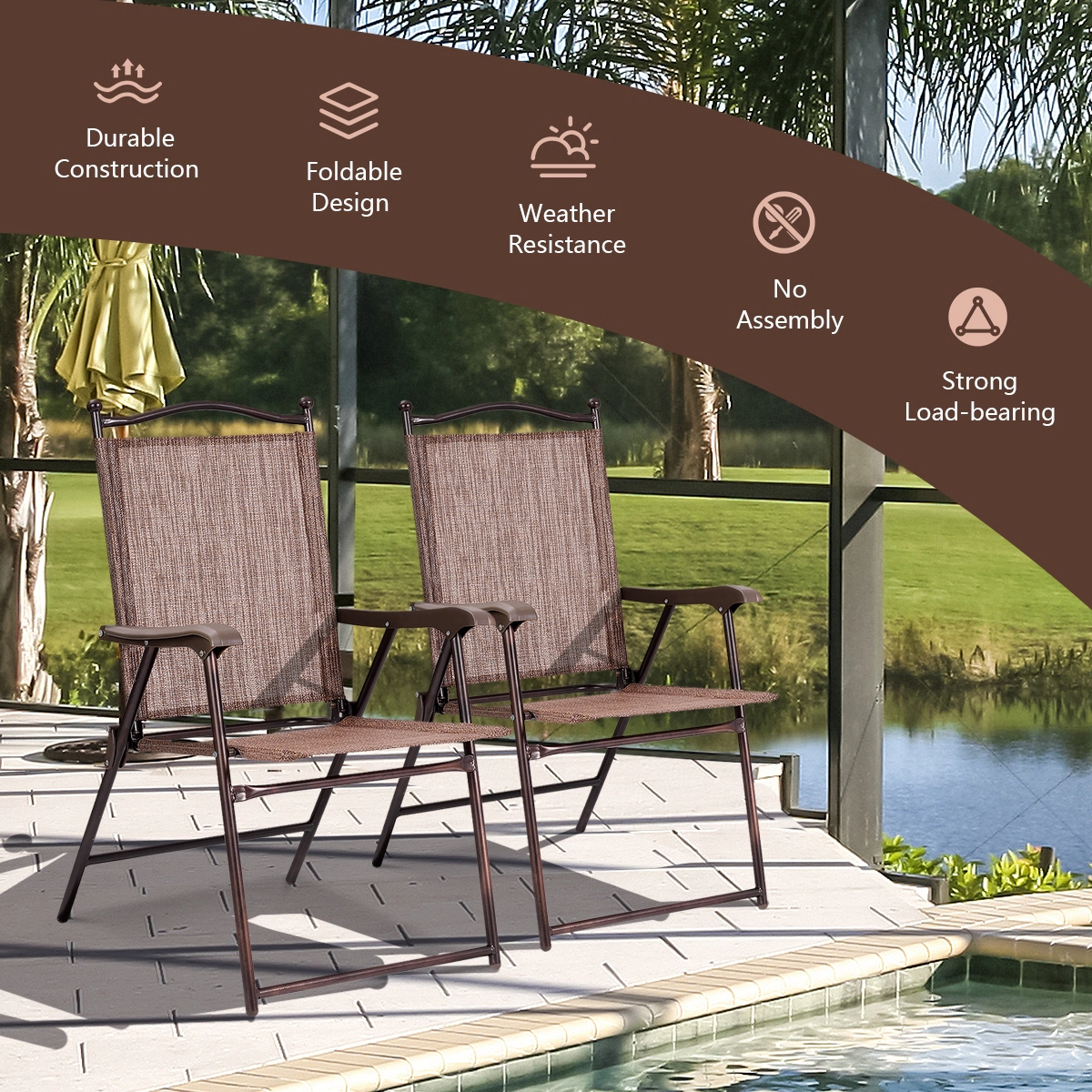 SUGIFT Set of 2 Patio Folding Sling Back Camping Deck Chairs 264-Lb Capacity 36-in Tall Brown