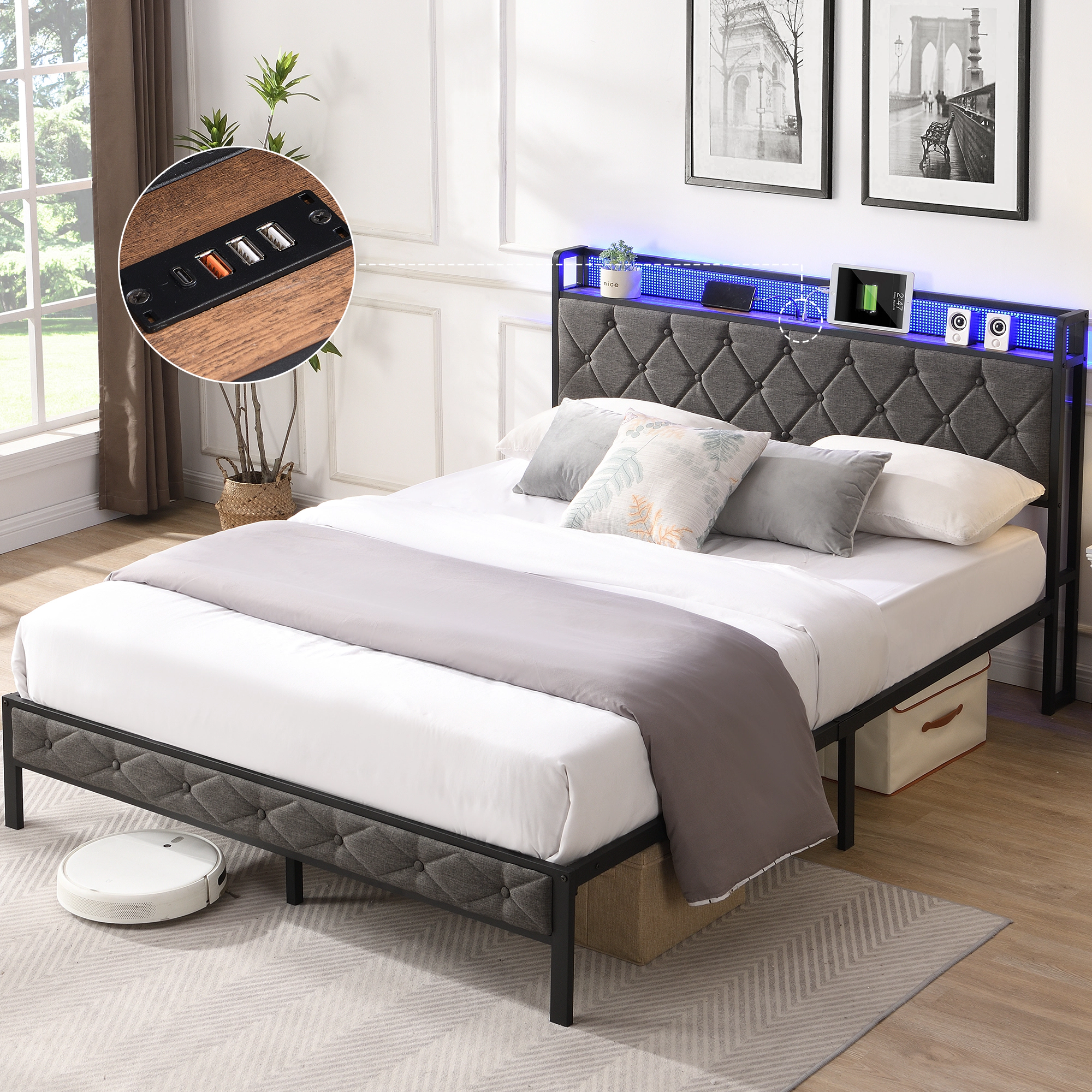 Flynama Full Upholstered Storage Bed with LED Headboard & Charging Station, Dark Gray